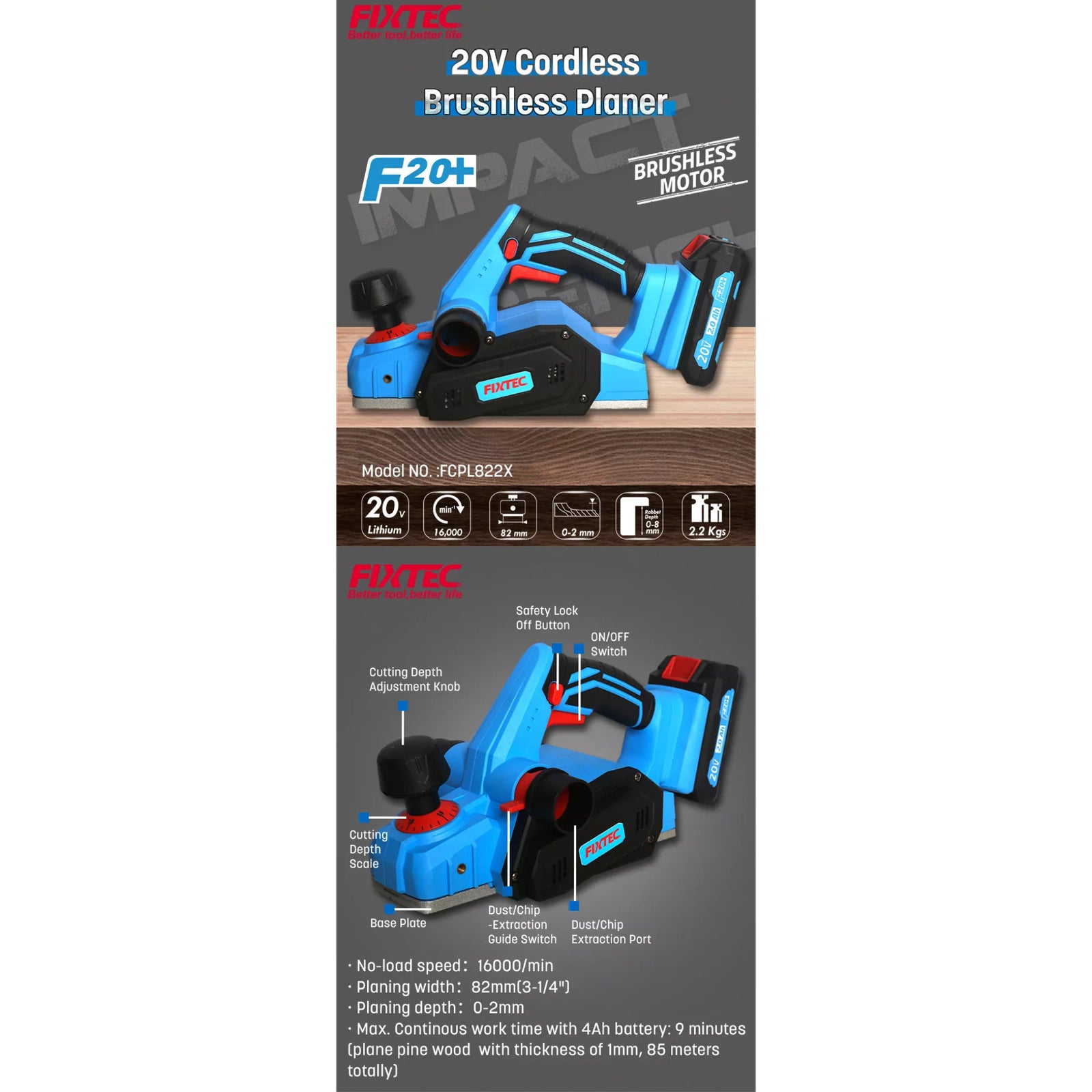 Cepillo Fixtec Fcpl822x-14 F20+ 4.0a Litio