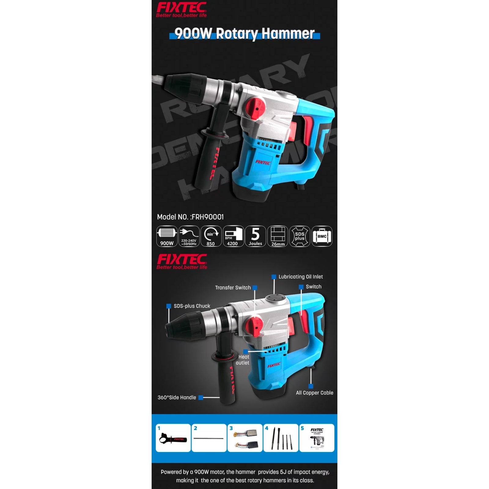 Rotomartillo Sds Plus Fixtec Frh90001 - 900w + 12 Accesorios