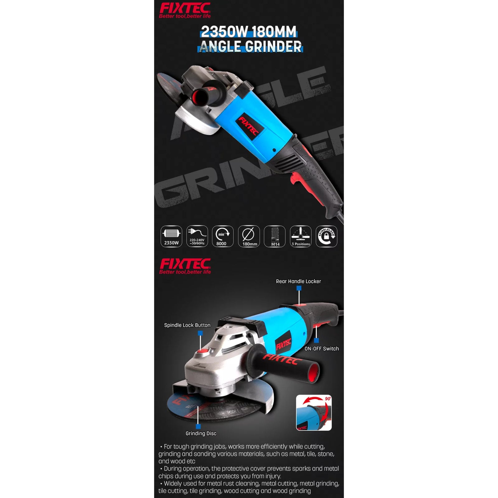 Esmeril Angular 7" Fixtec 2350W – Profesional con Mango Giratorio