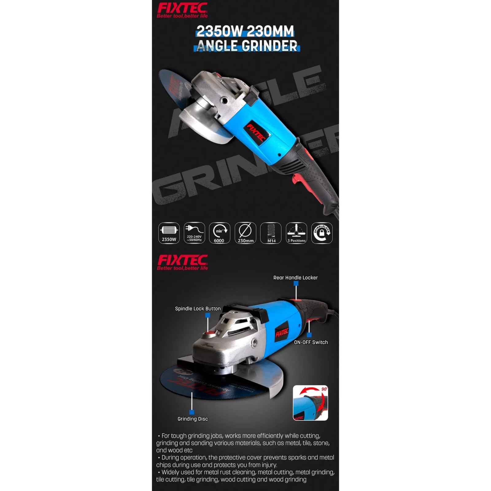 Esmeril Angular 9 Fixtec Fag23002 - 2350w + 4 Accesorios