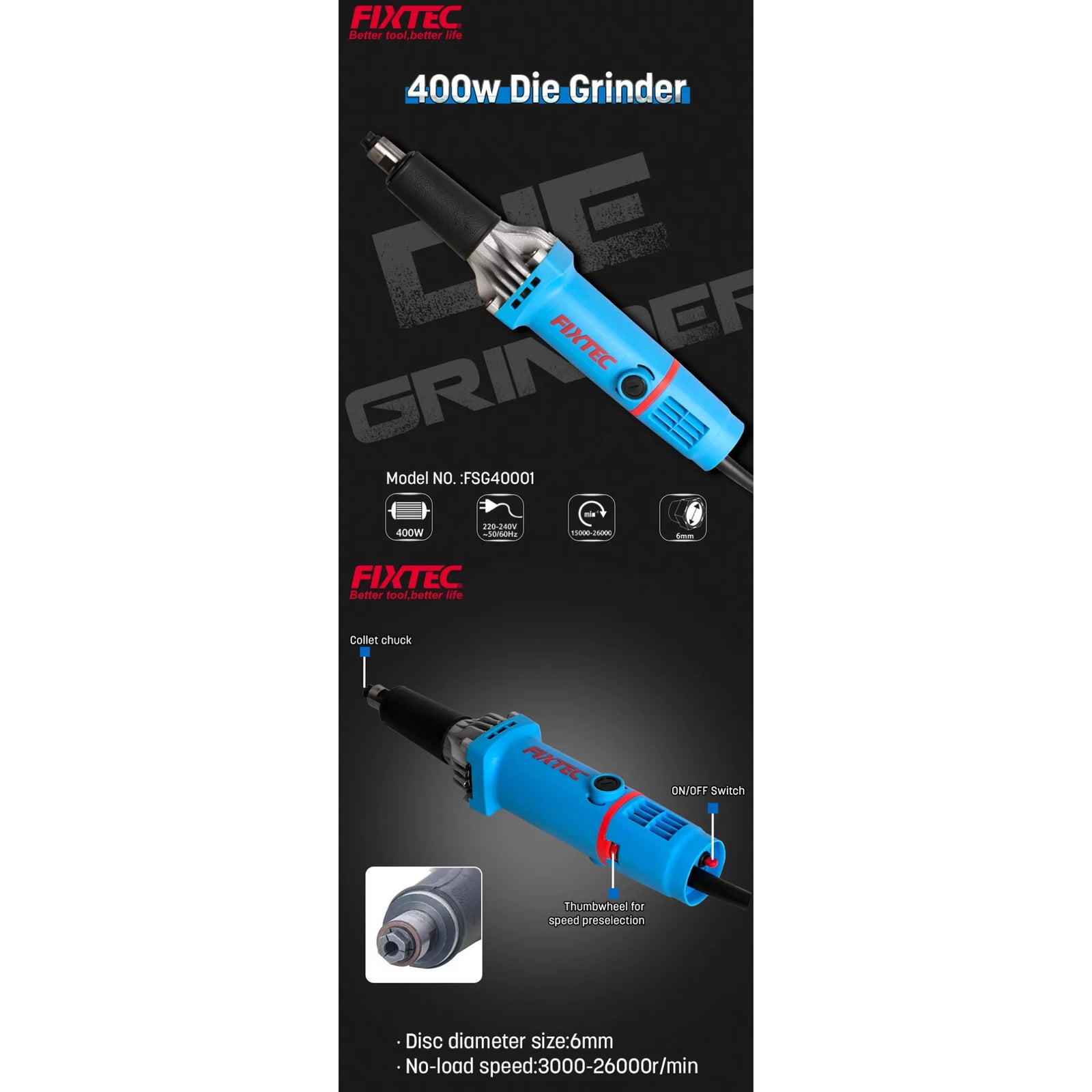 Esmeril Recto Fixtec Fsg40001 - 400w + 3 Accesorios