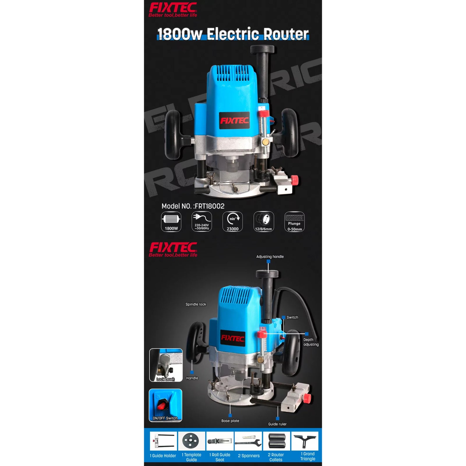 Fresadora Router 1800W Fixtec FRT18002 Tupi - componentes