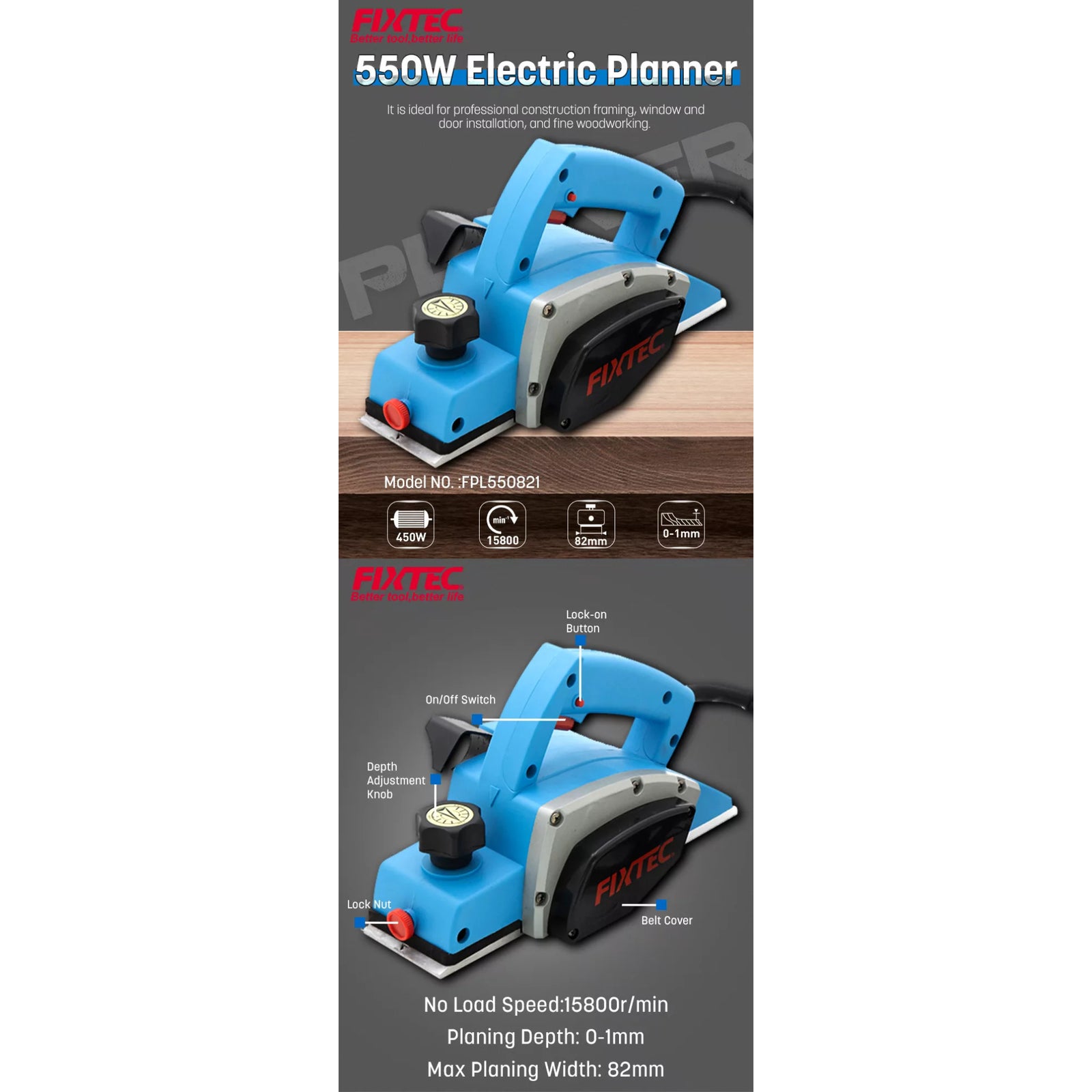 Cepillo Eléctrico para Madera 550W – 15.800 RPM con Base de Aluminio