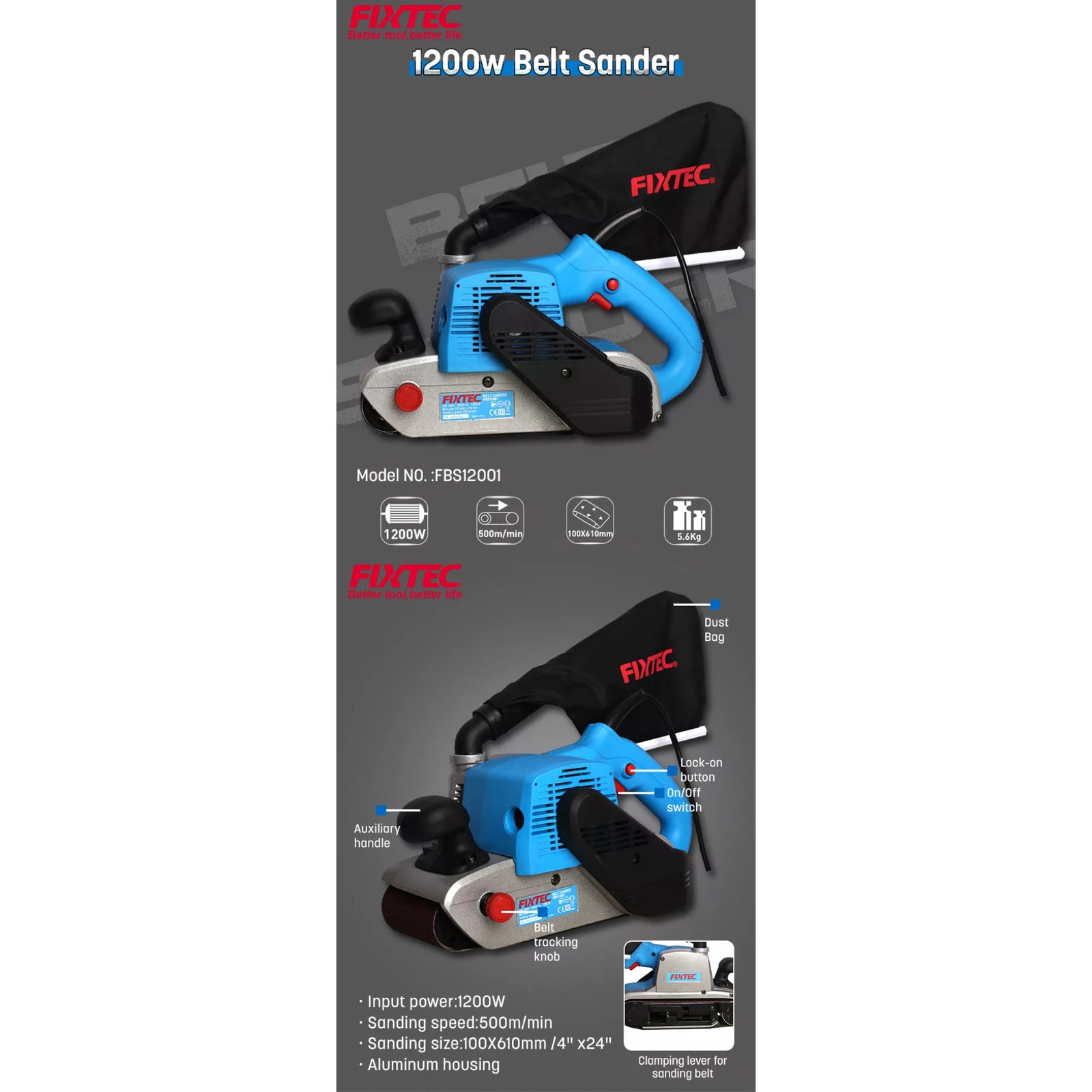 Lijadora De Banda Fixtec Fbs12001 - 1200w + 2 Accesorios