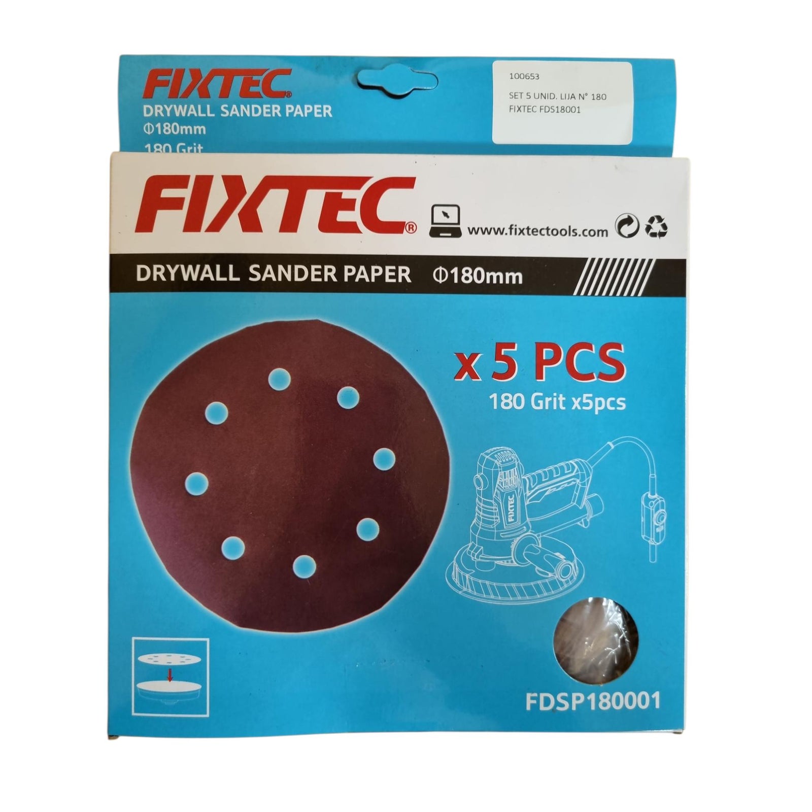 Set 5 Discos Lija Orbital Excentrica 180mm Fixtec Grano 180