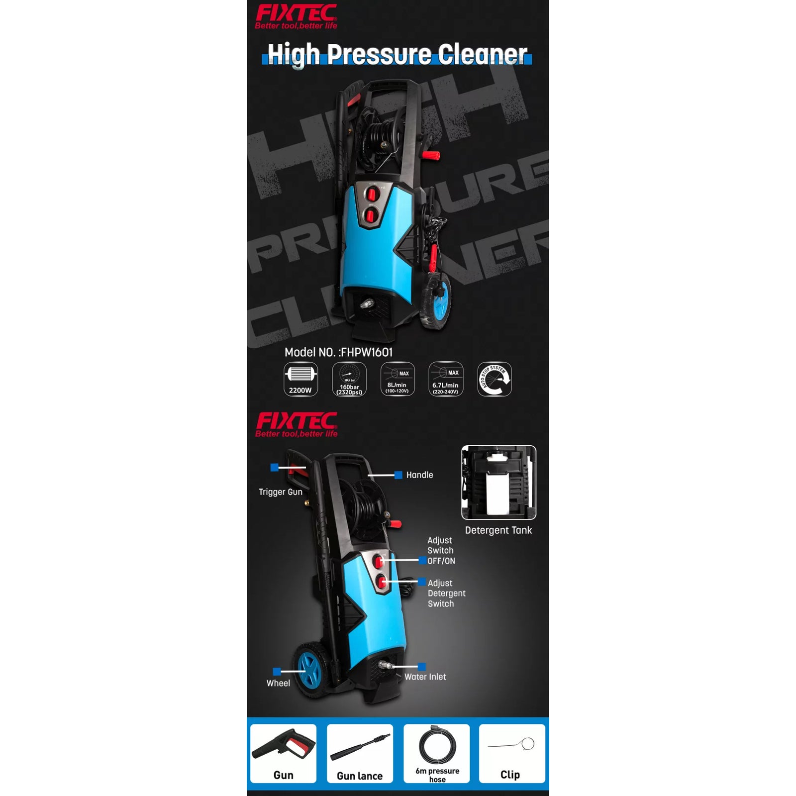 Hidrolavadora Alta Presion Electrica Fixtec 160 Bar 2321 Psi