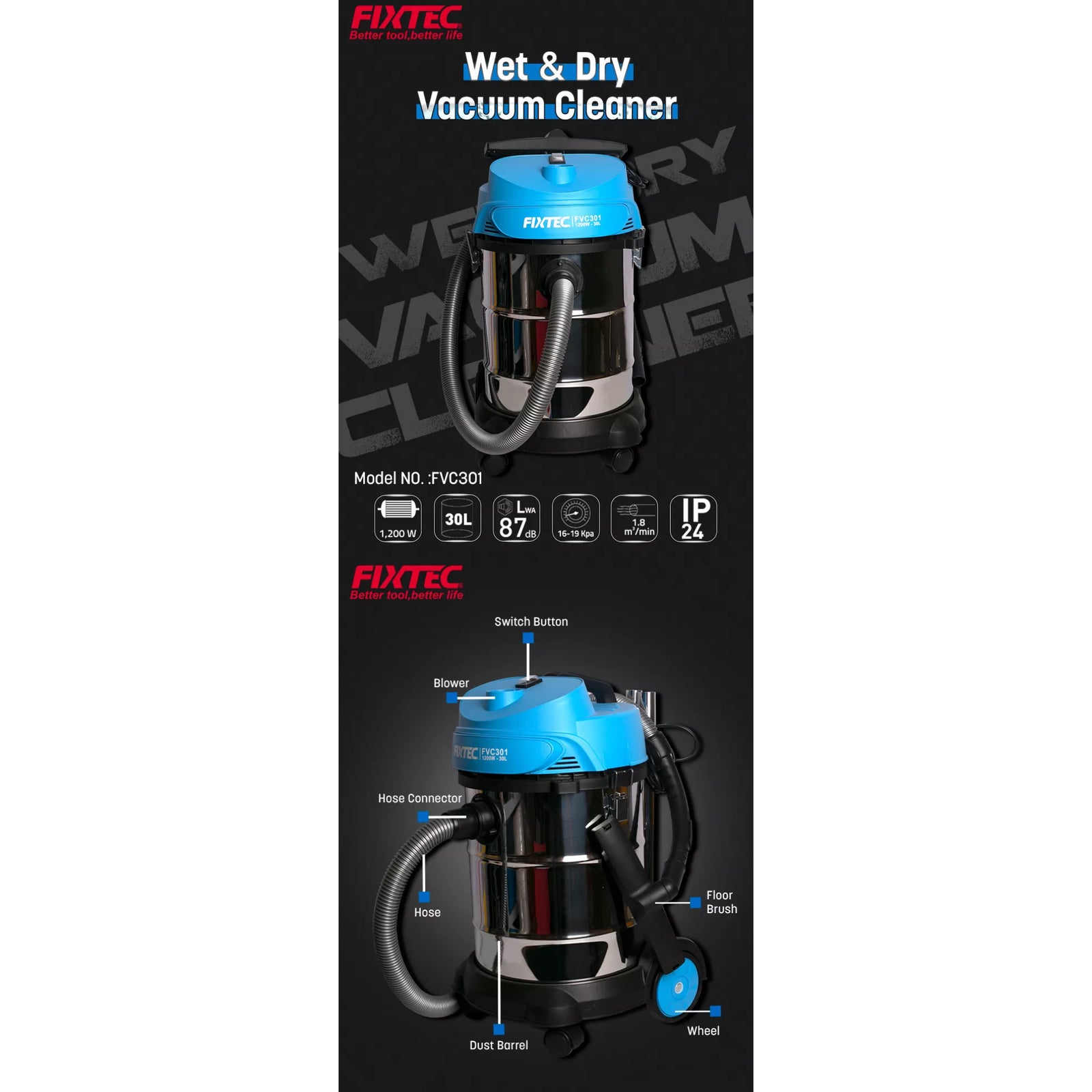 Aspiradora Industrial Polvo Agua 30L Fixtec + 5 Accesorios