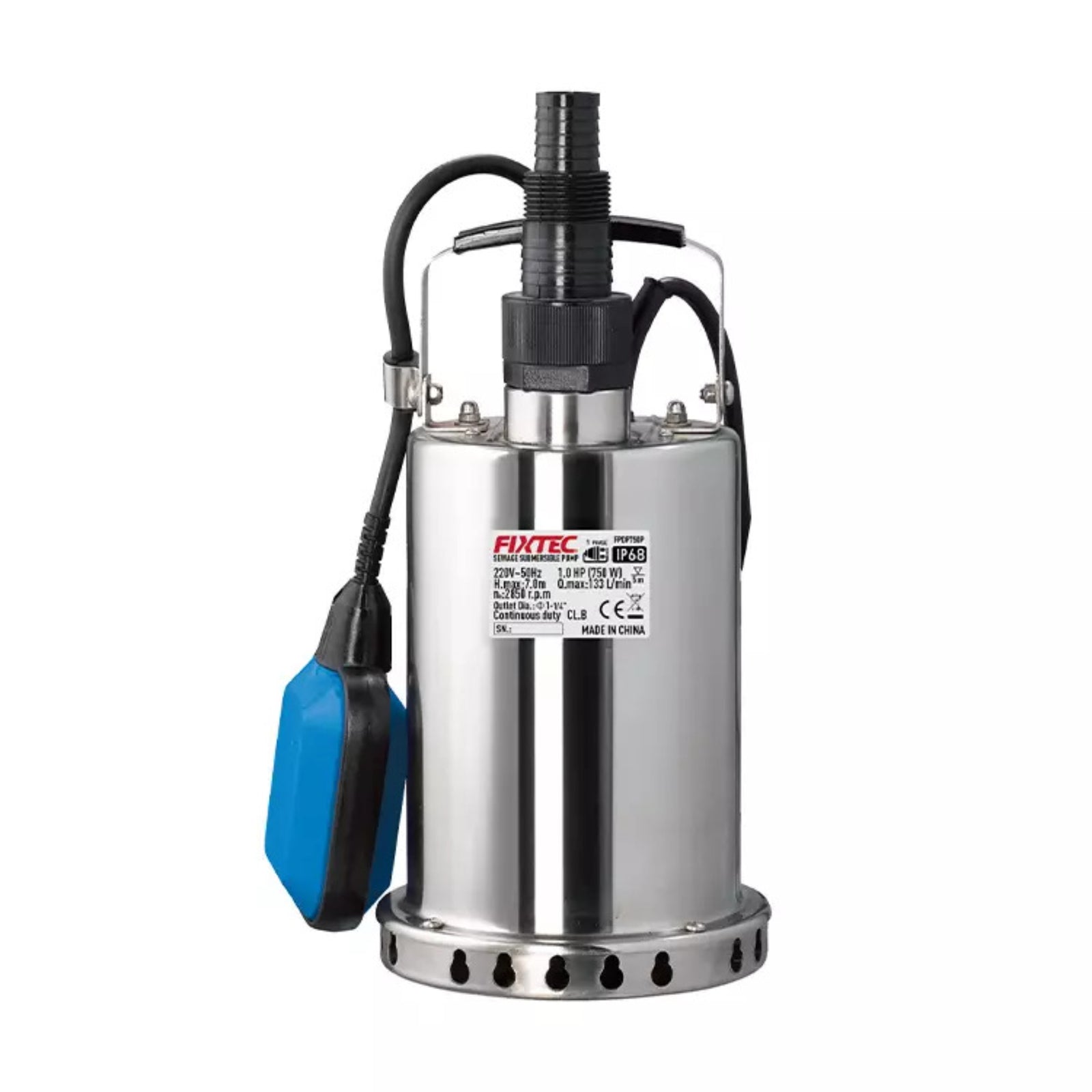 Electrobomba sumergible Fixtec 1HP 750W caudal 133 L/min para drenaje — Isamit
