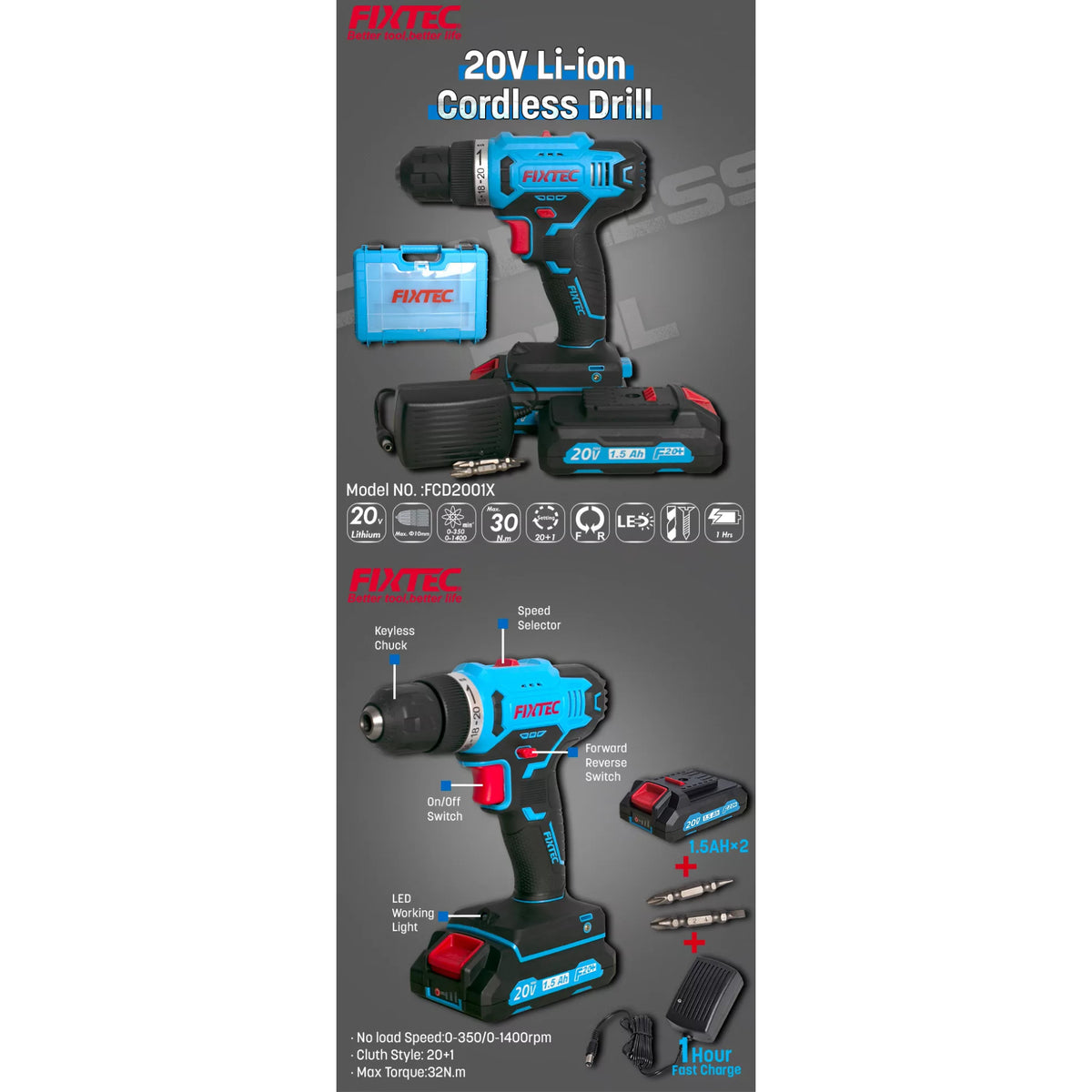 Taladro Inalámbrico 20V Fixtec F20+ | Kit 2 Baterías 1.5Ah y Maleta