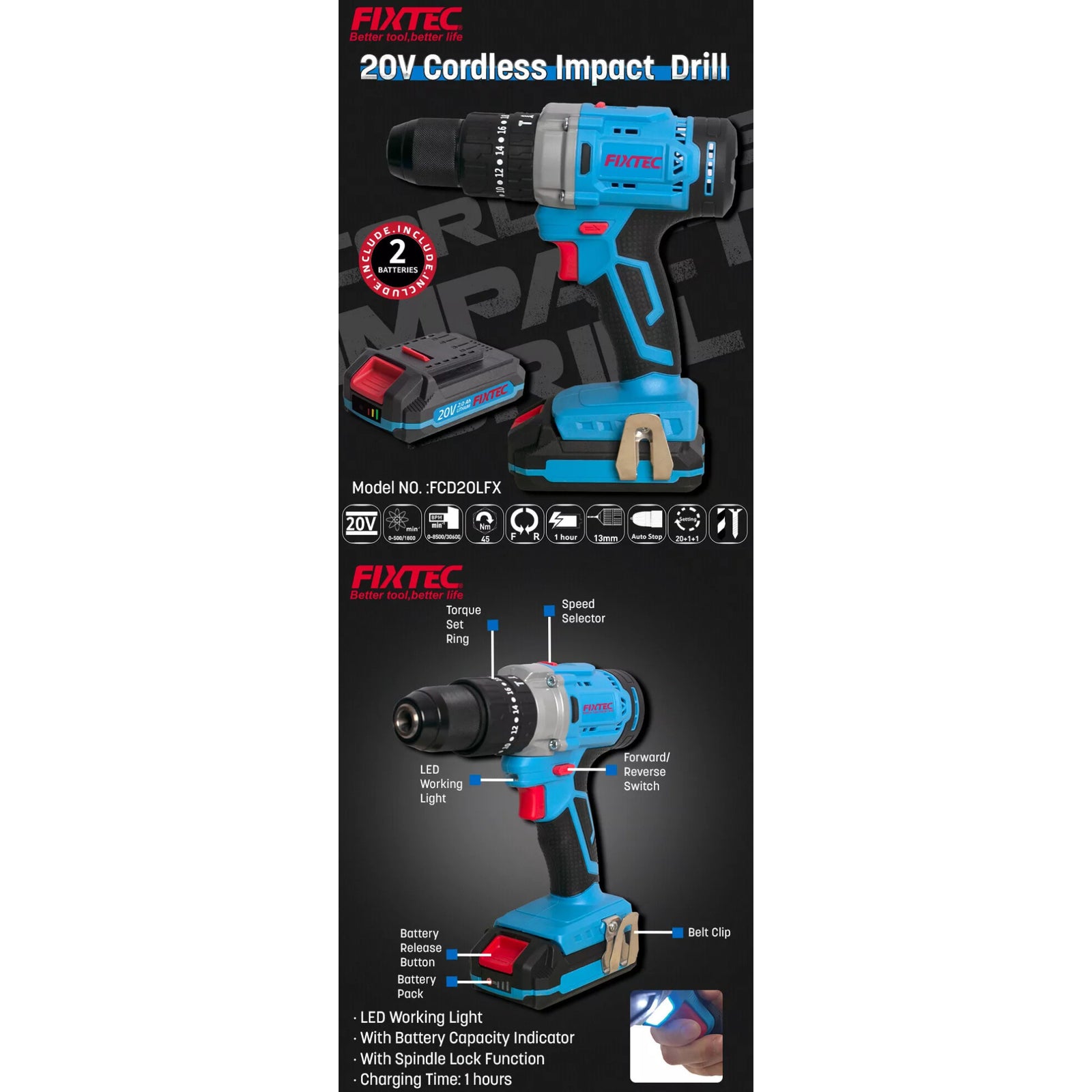 Taladro Percutor Inalámbrico 20V Fixtec FCD20LFX Industrial 2 Baterías F20+