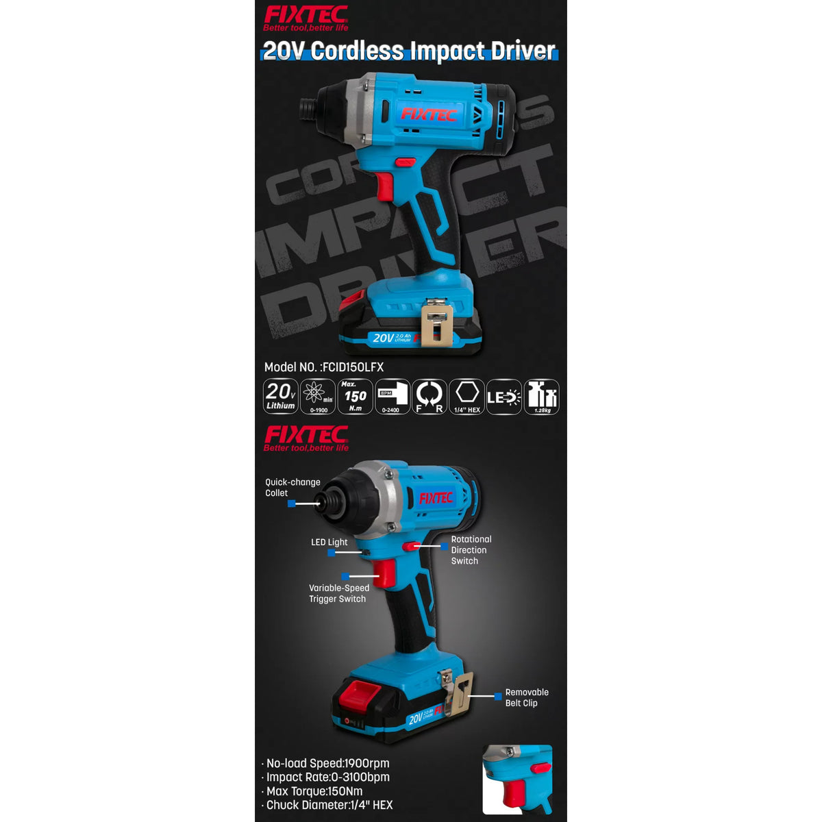 Atornillador de Impacto 20V Fixtec F20+ 150Nm – Kit con Batería y Cargador