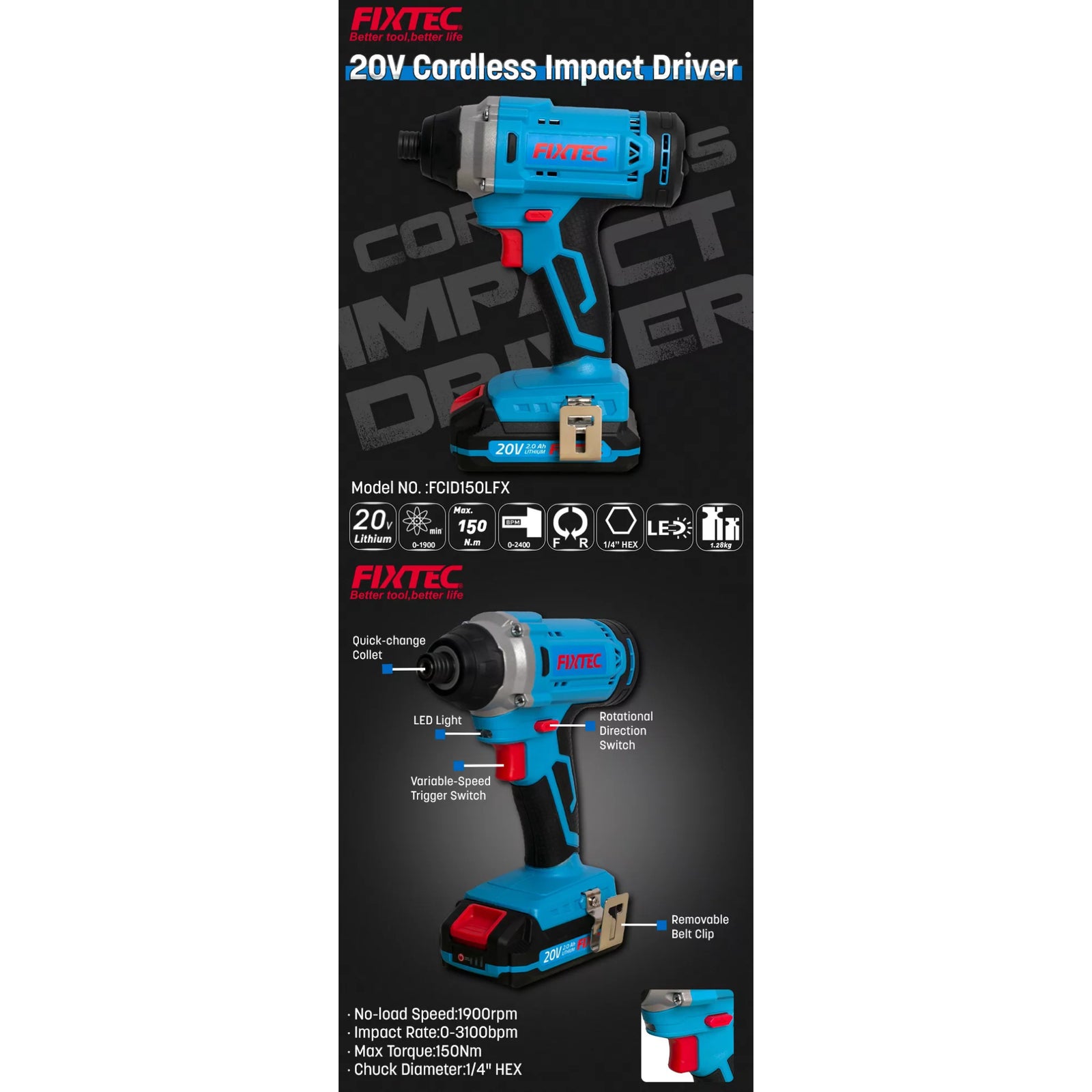 Atornillador de Impacto 20V Fixtec F20+ 150Nm – Kit con Batería y Cargador