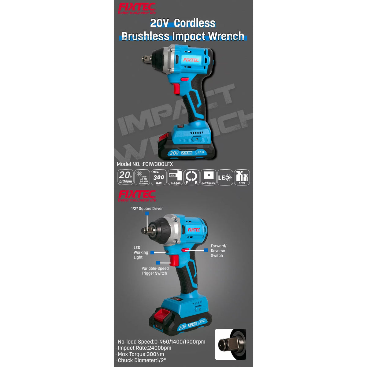 Llave de Impacto Inalámbrica 20V Brushless Fixtec 300Nm con 2 Baterías 2.0Ah