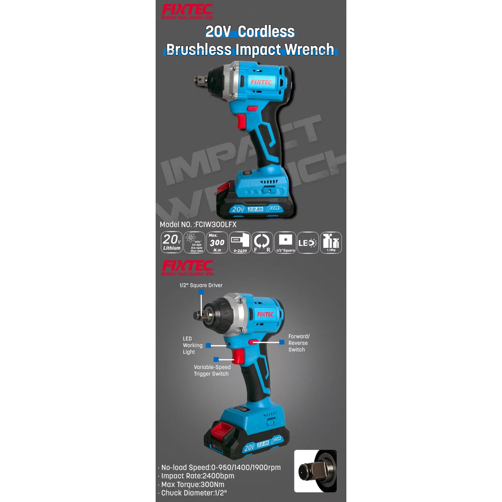 Llave de Impacto Inalámbrica 20V Brushless Fixtec 300Nm con 2 Baterías 2.0Ah