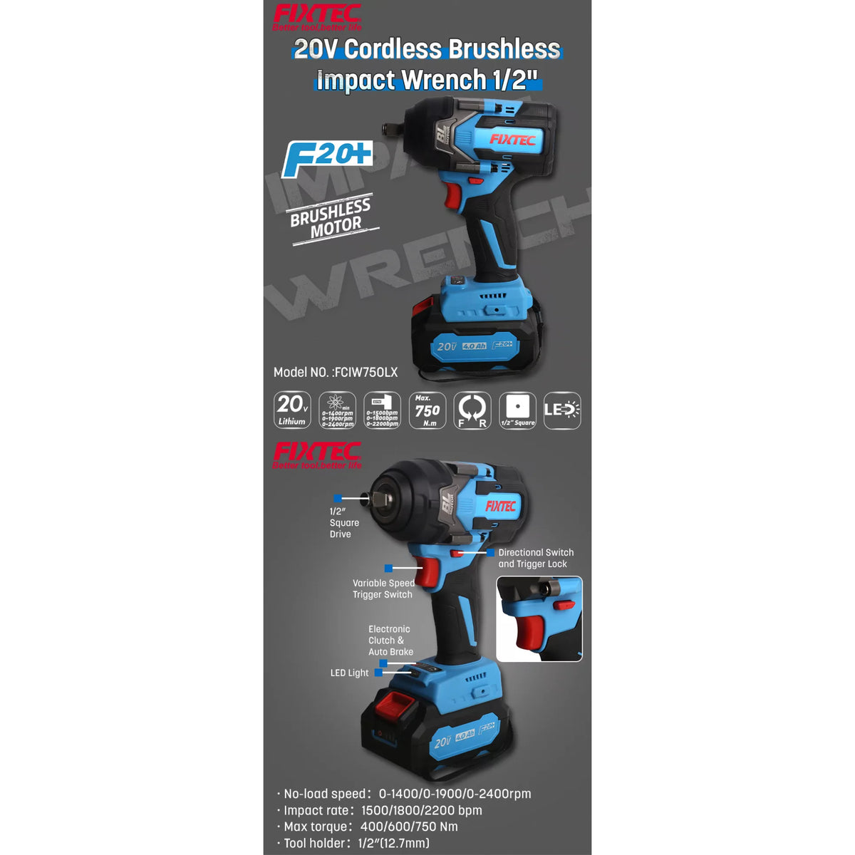 Llave de Impacto 20V Fixtec F20+ Brushless 750Nm – Kit 2 Baterías 4.0Ah