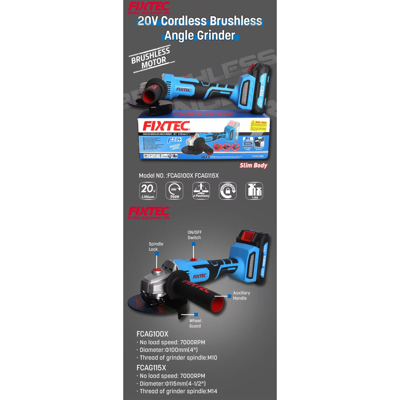 Esmeril Angular Inalámbrico 4.5" Fixtec F20+ Brushless (Sin Carbones)