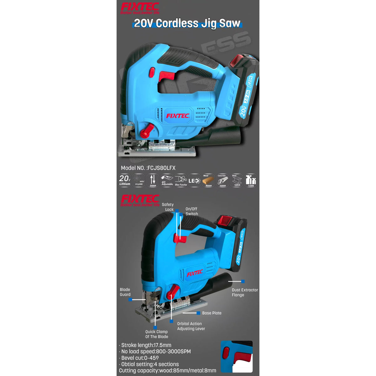 Sierra Caladora Inalámbrica 20V Fixtec FCJS80LFX-12 con Batería 2.0Ah y Acción Pendular