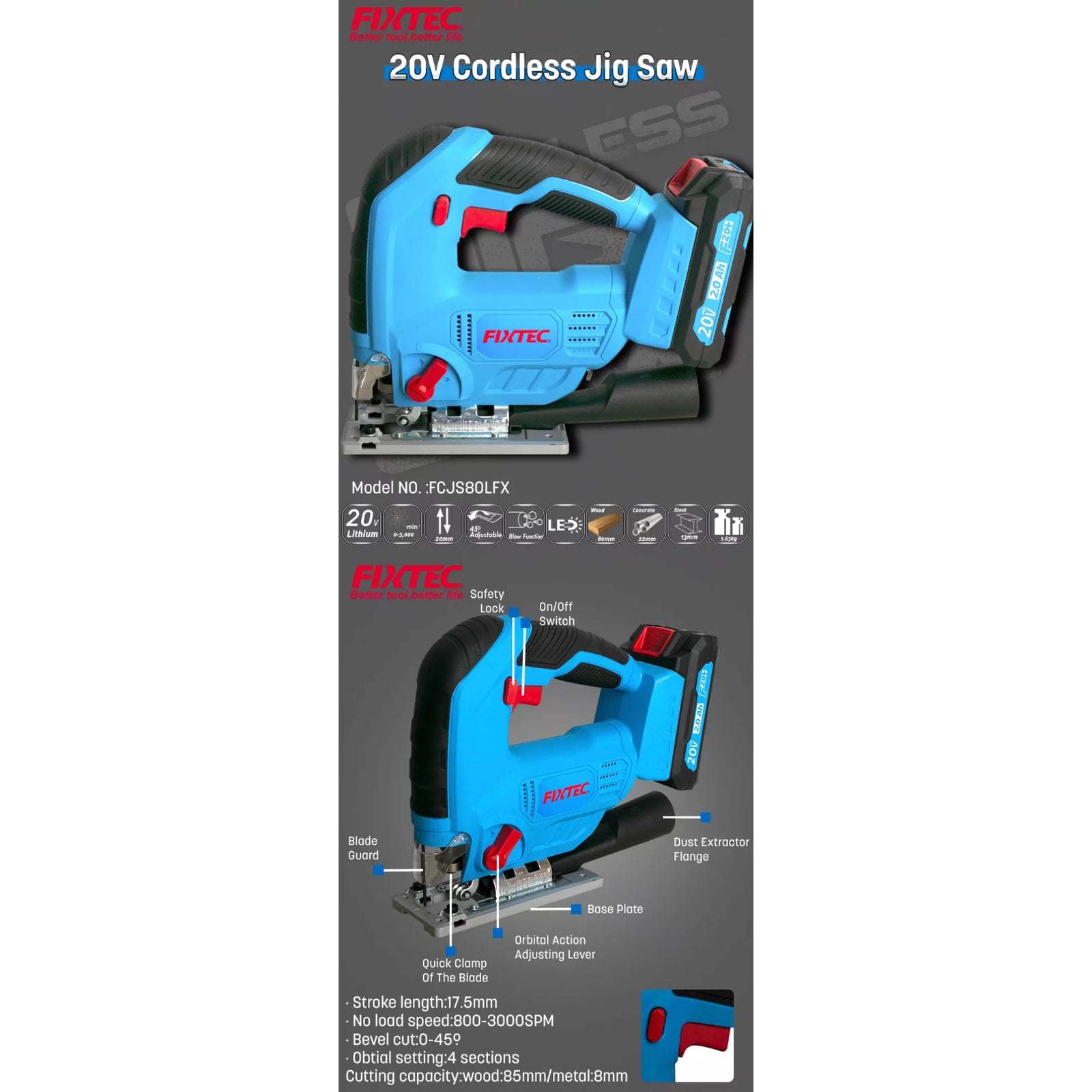 Sierra Caladora Inalámbrica 20V Fixtec FCJS80LFX-12 con Batería 2.0Ah y Acción Pendular