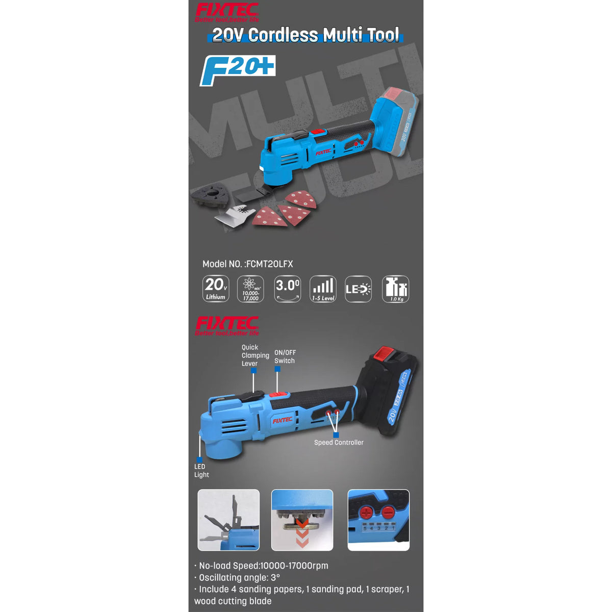 Multiherramienta Oscilante Inalámbrica 20V Fixtec F20+ | Kit con Accesorios