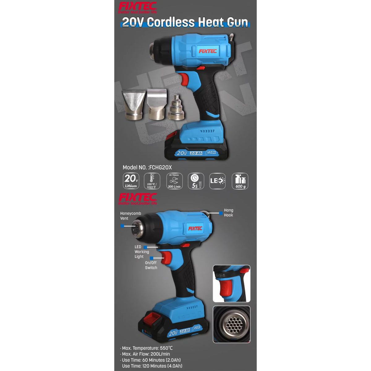 Pistola de Calor Inalámbrica 20V Fixtec F20+ (550°C) | Kit Batería y Accesorios