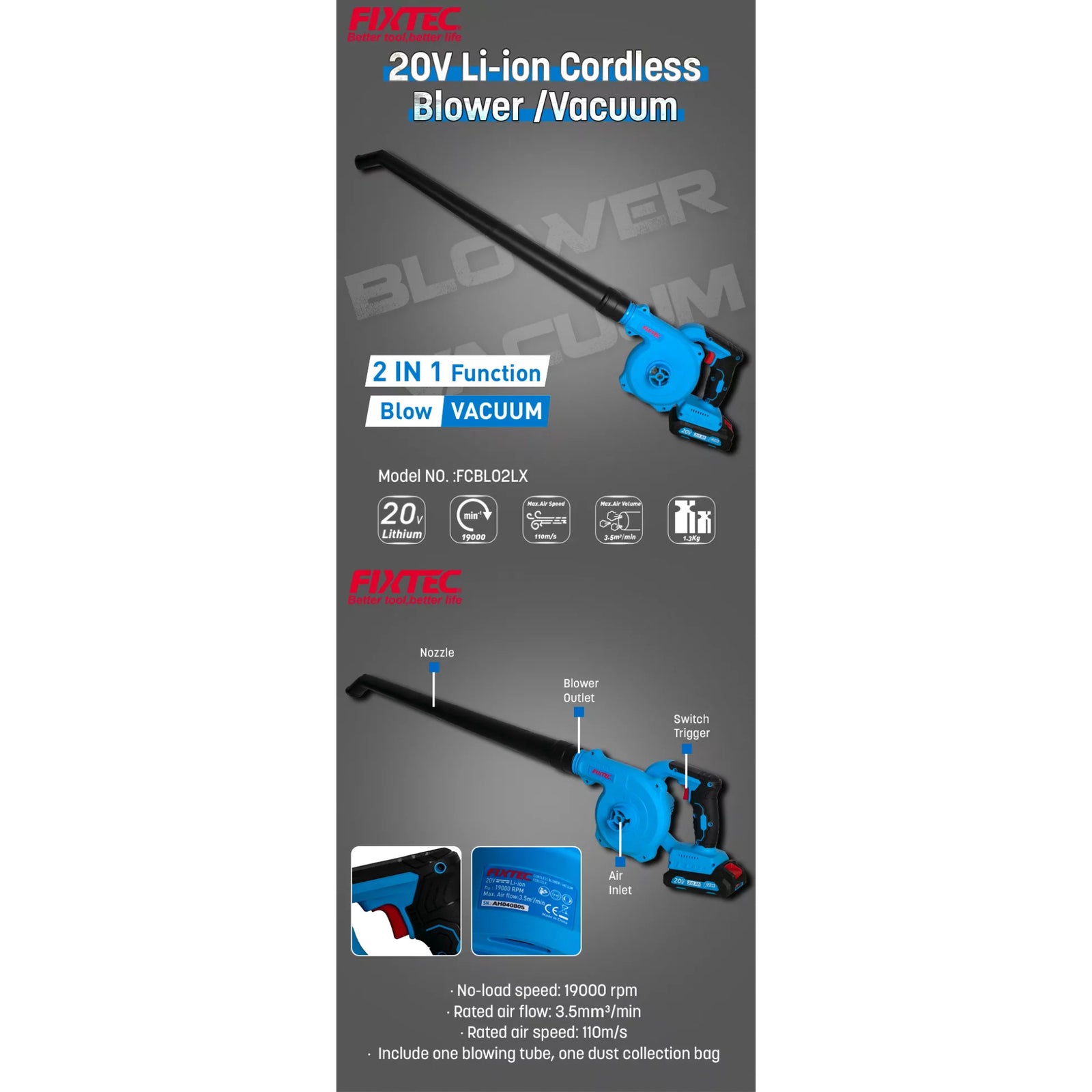 Soplador y Aspirador Inalámbrico 20V Fixtec FCBL02LX F20+ Solo Herramienta