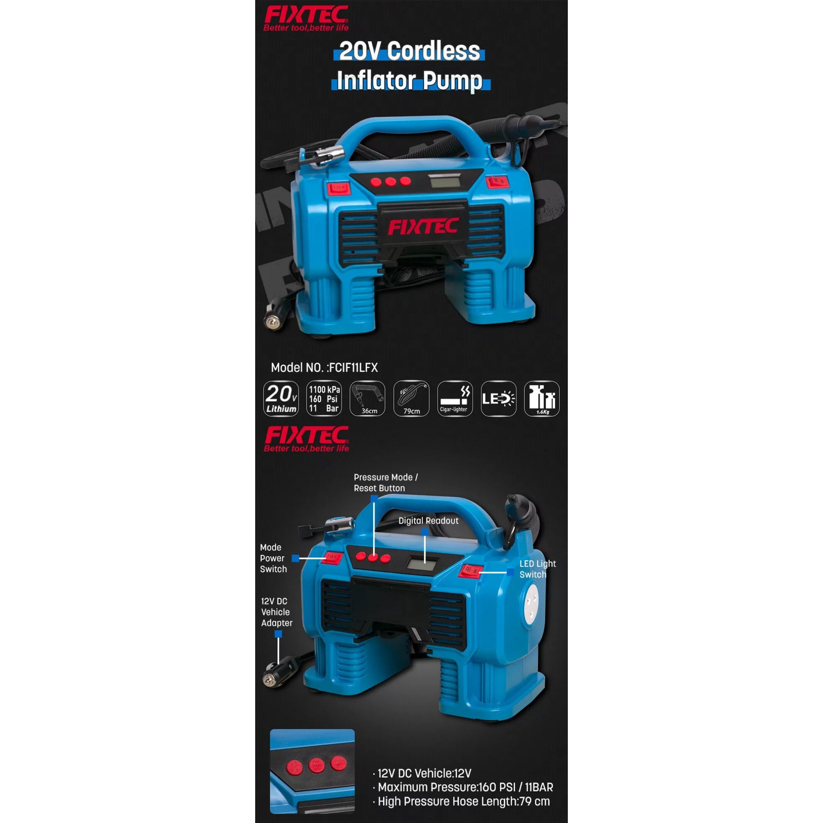 Compresor de Aire Inalámbrico 20V Fixtec FCIF11LFX-12 Linterna LED 160 PSI