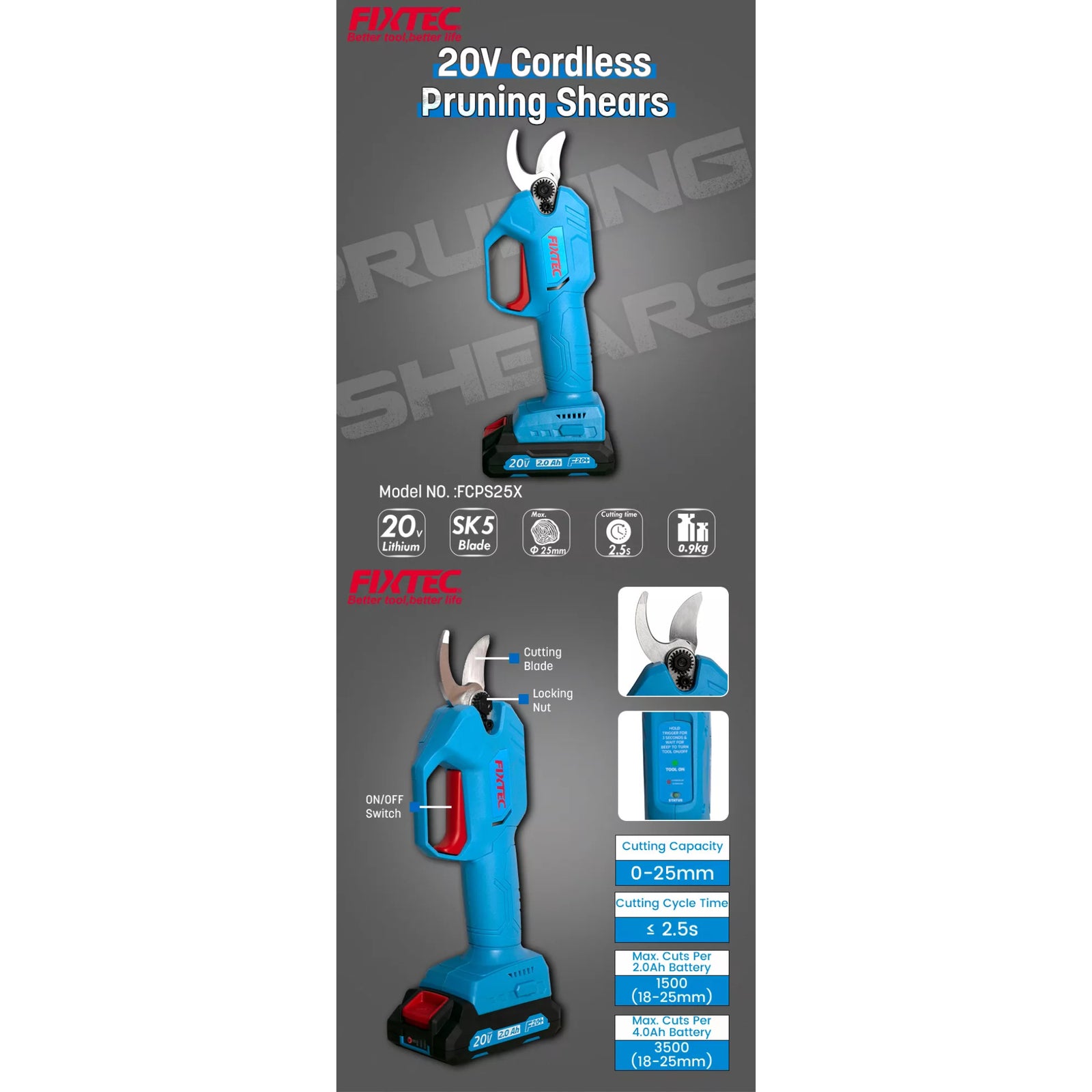 Tijera de Podar Inalámbrica 20V Fixtec F20+ | Acero SK5 (Corte 25mm)