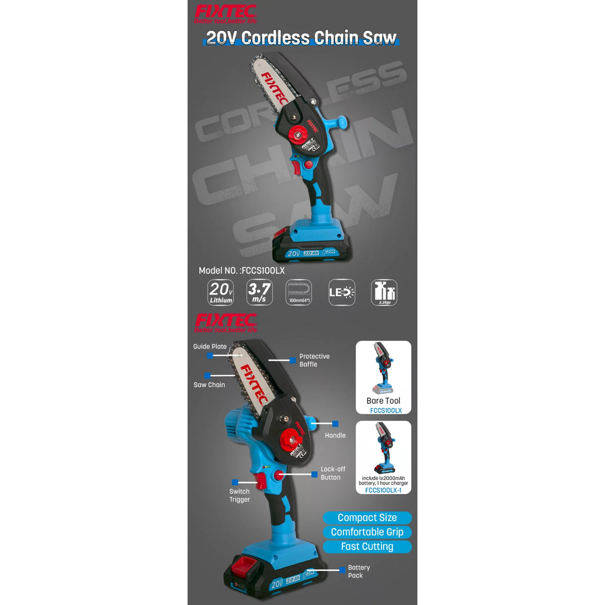 Motosierra Inalámbrica de Mano 20V Fixtec FCCS100LX-1 Barra 4 Pulgadas