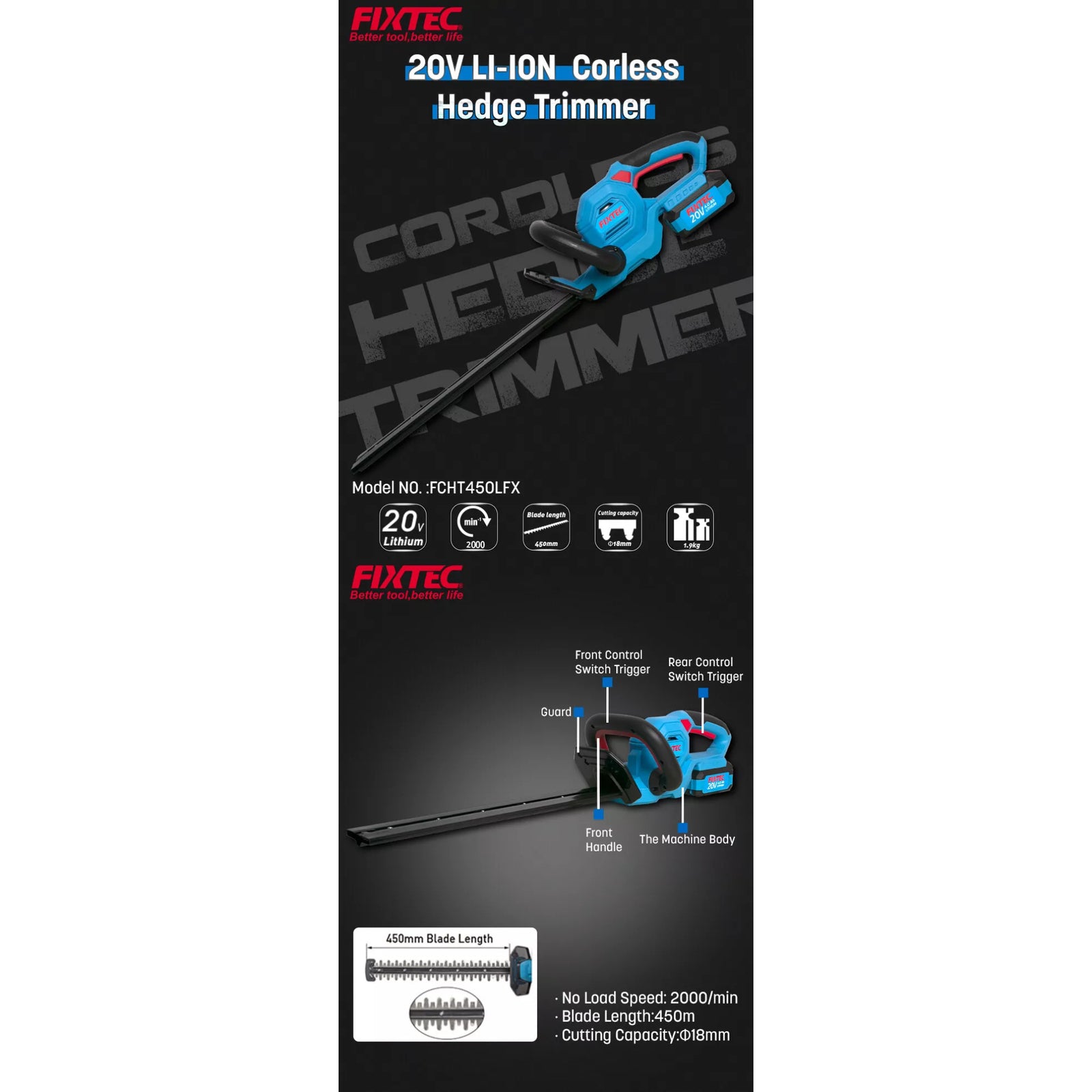 Cortasetos Inalámbrico 20V Fixtec FCHT450LFX-12 Hoja 450mm con Batería 2.0Ah