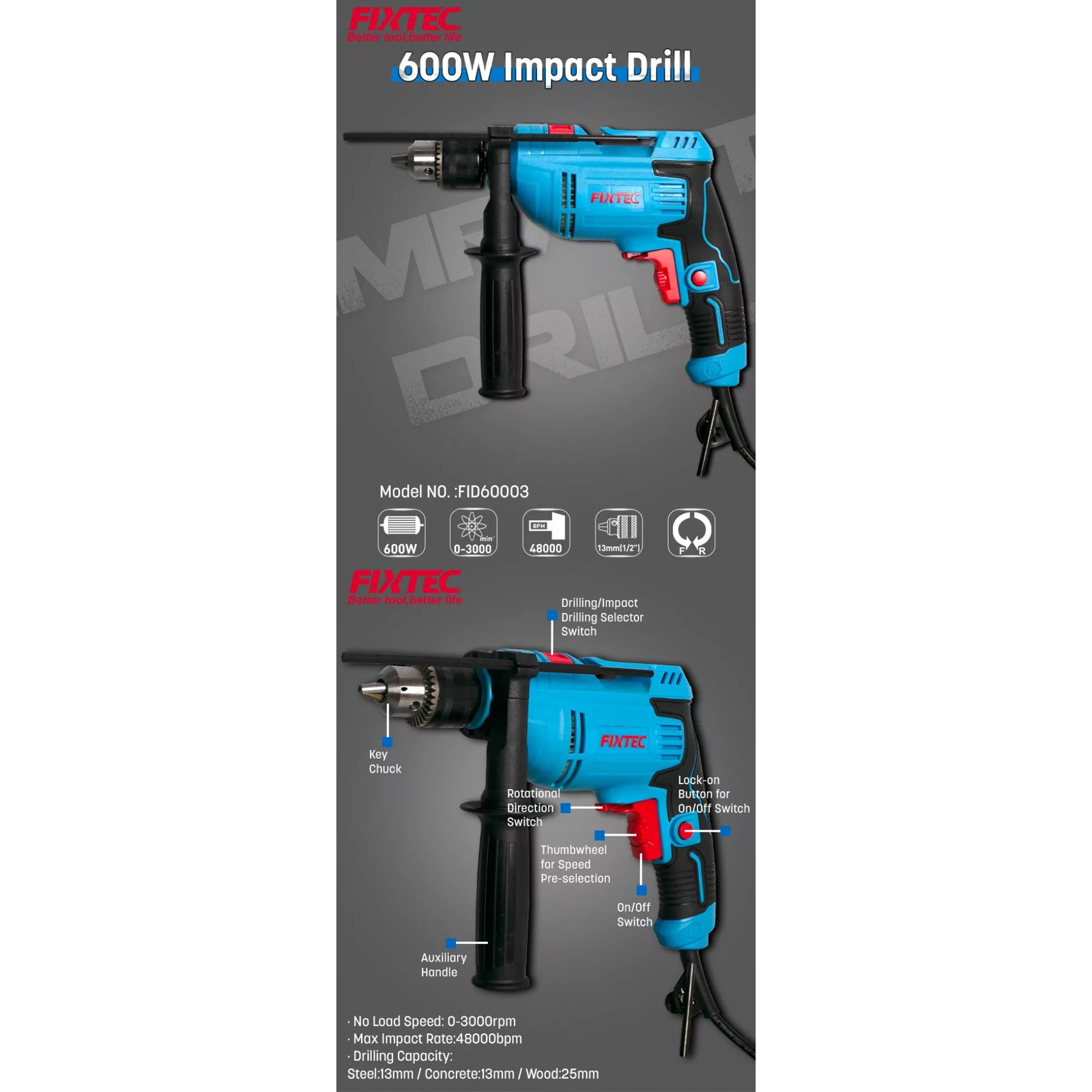 Taladro de Impacto 600W Fixtec FID60003 Mandril 13mm Velocidad Variable