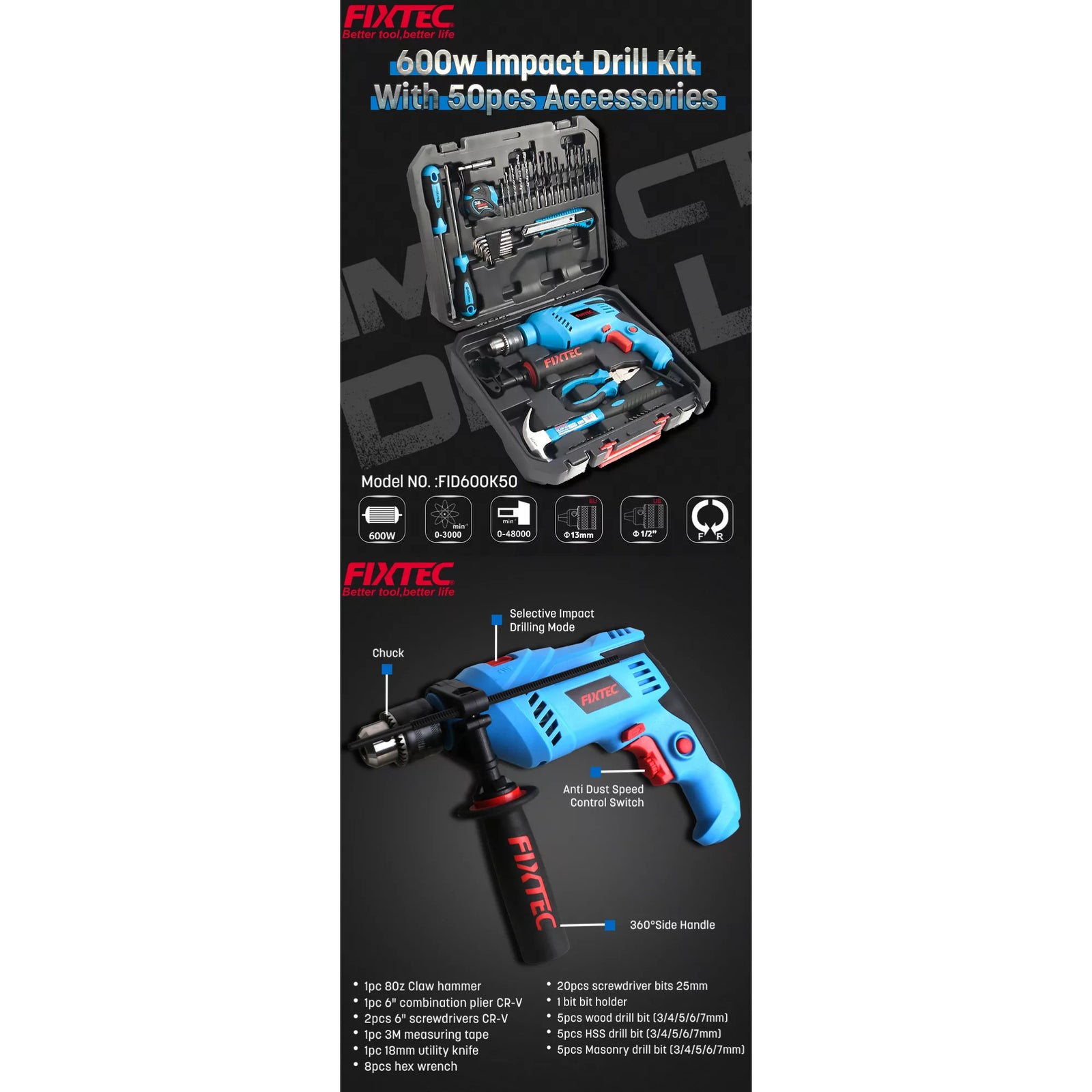 Set Taladro de Impacto 600W Fixtec FID600K50 con 50 Accesorios y Maletín