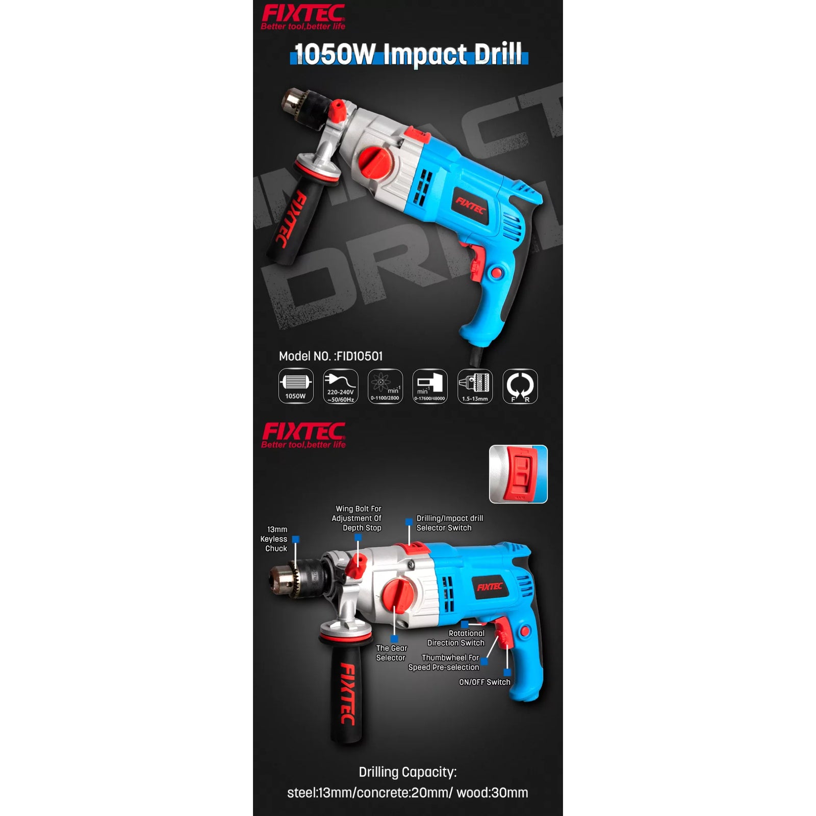 Taladro Percutor Fixtec Fid10501 - 13mm 1050w