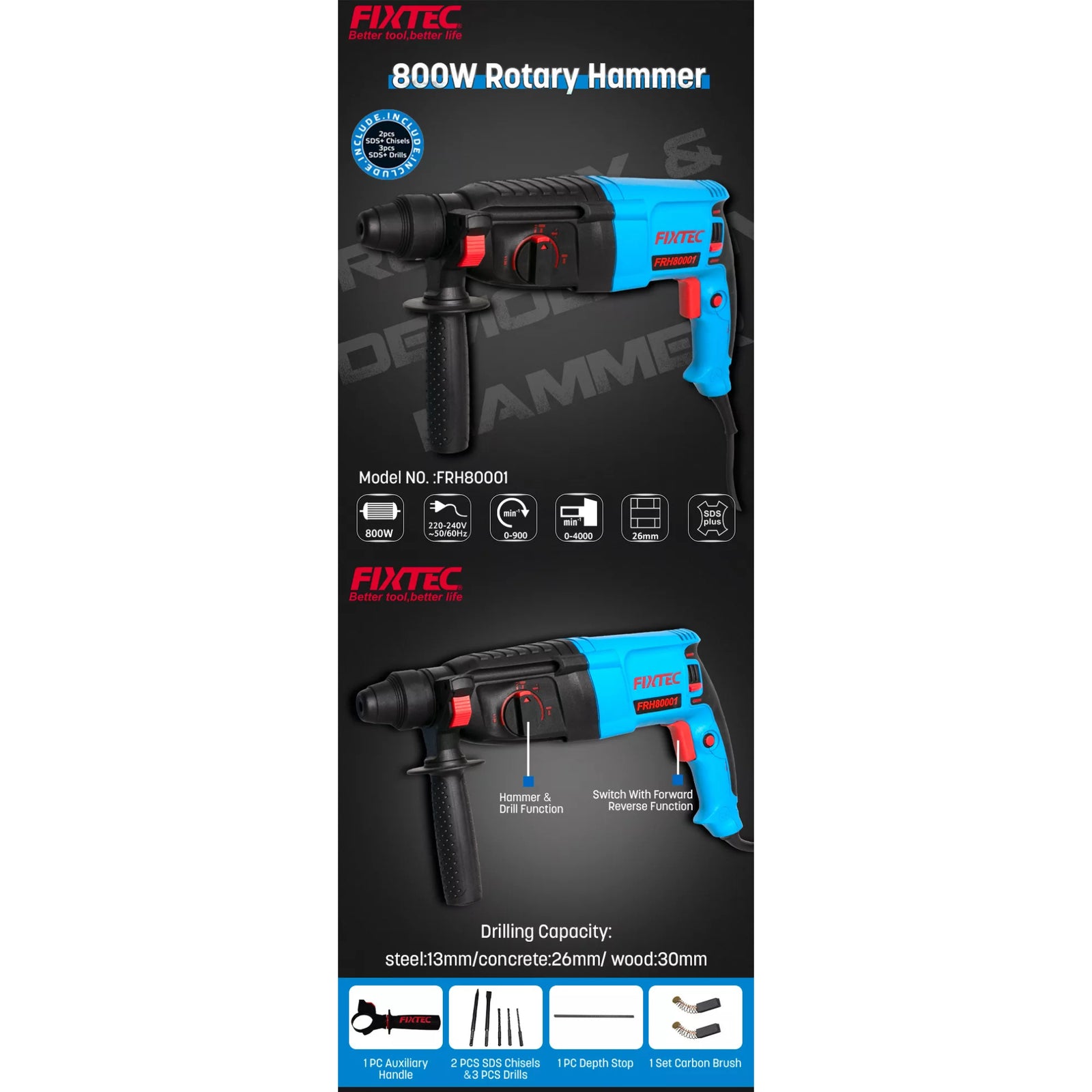 Rotomartillo SDS Plus 26mm Fixtec 800W – 3 Joules de Potencia