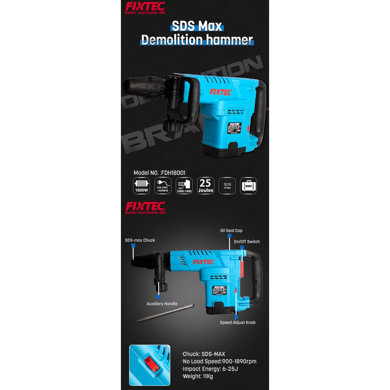 Martillo Demoledor Fixtec FDH18001 10kg 1800W SDS Max