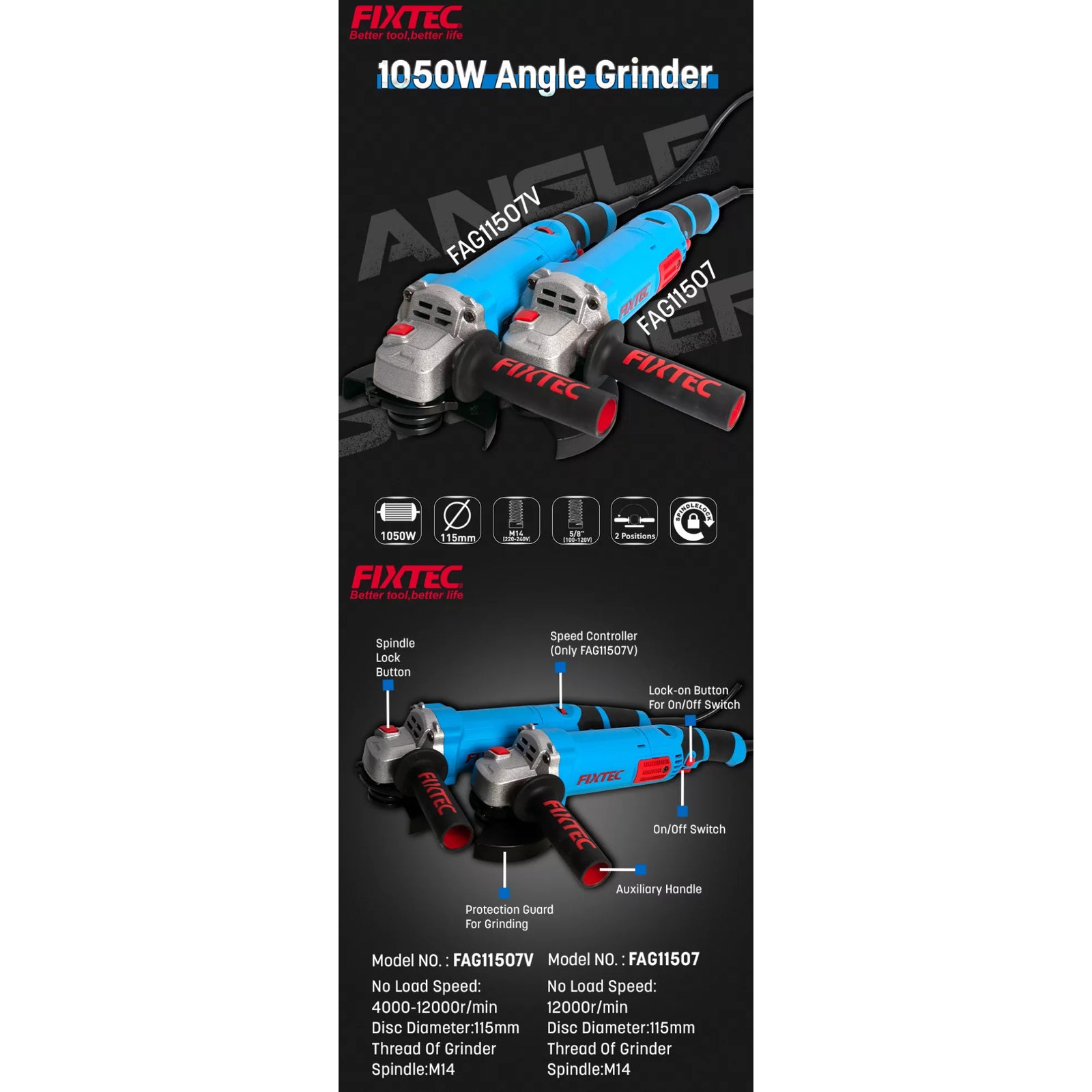 Esmeril Angular 4 1/2 Fixtec Fag11507- 1050w + 2 Accesorios