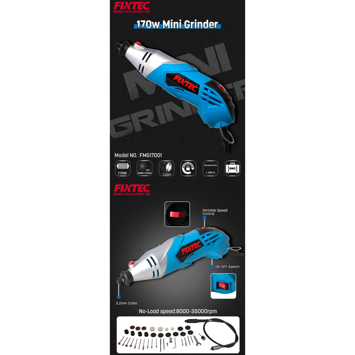 Kit Mini Esmeril Fixtec 170W + 40 Accesorios y Eje Flexible (Tipo Dremel)