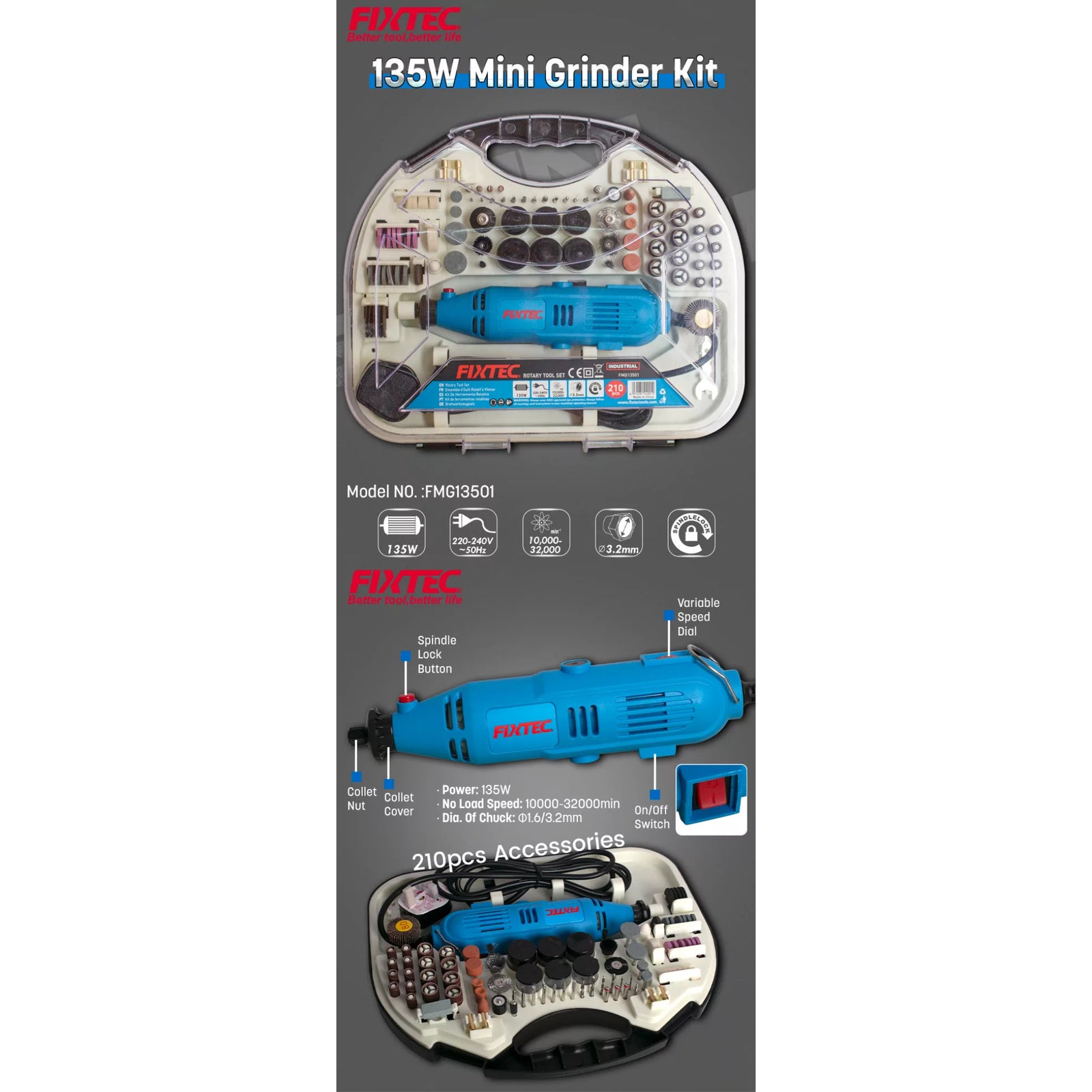 Kit Mini Esmeril 135W Fixtec FMG13501 Tipo Dremel con 210 Accesorios