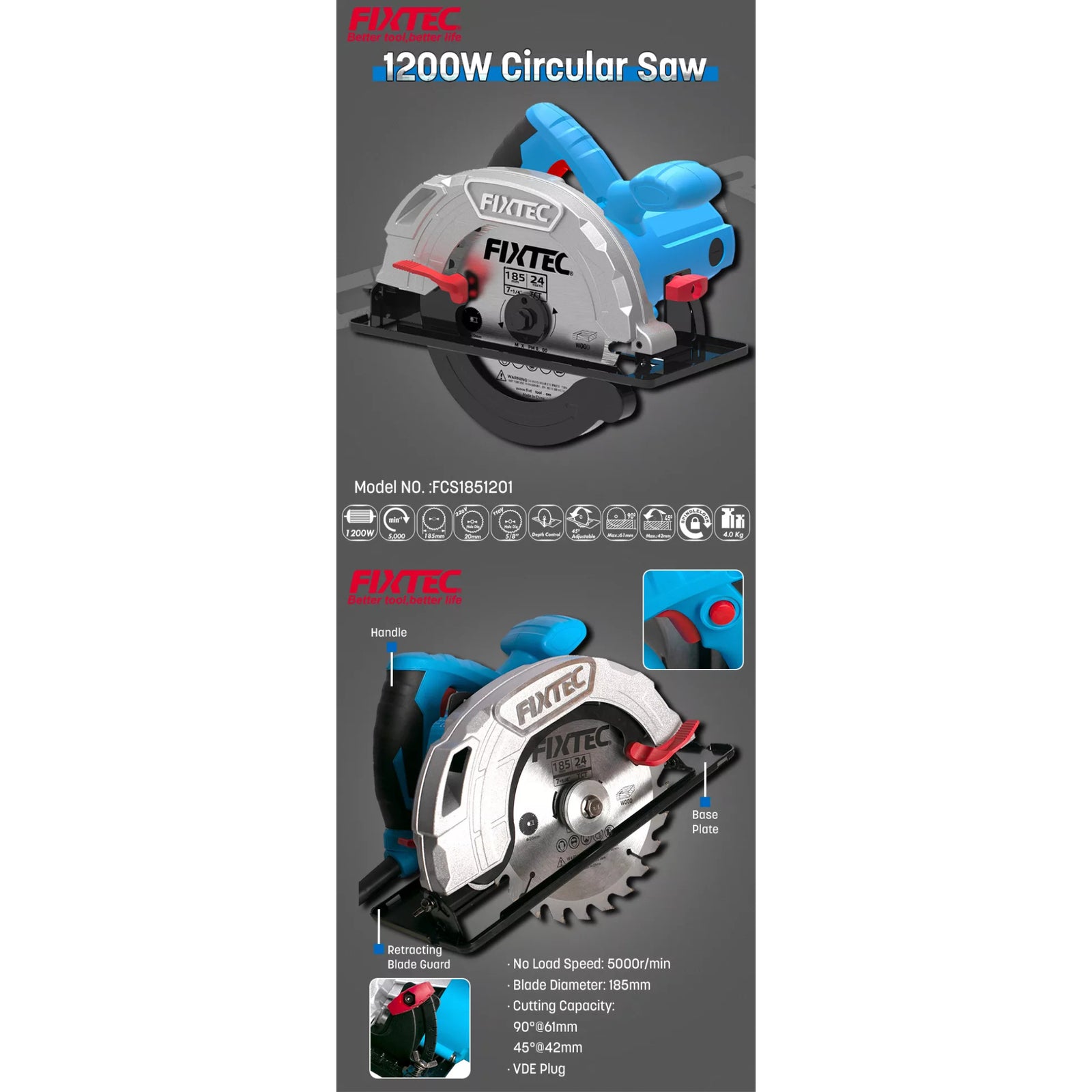 Sierra Circular 185mm 1200W Fixtec FCS1851201 Corte 61mm y Guía Paralela