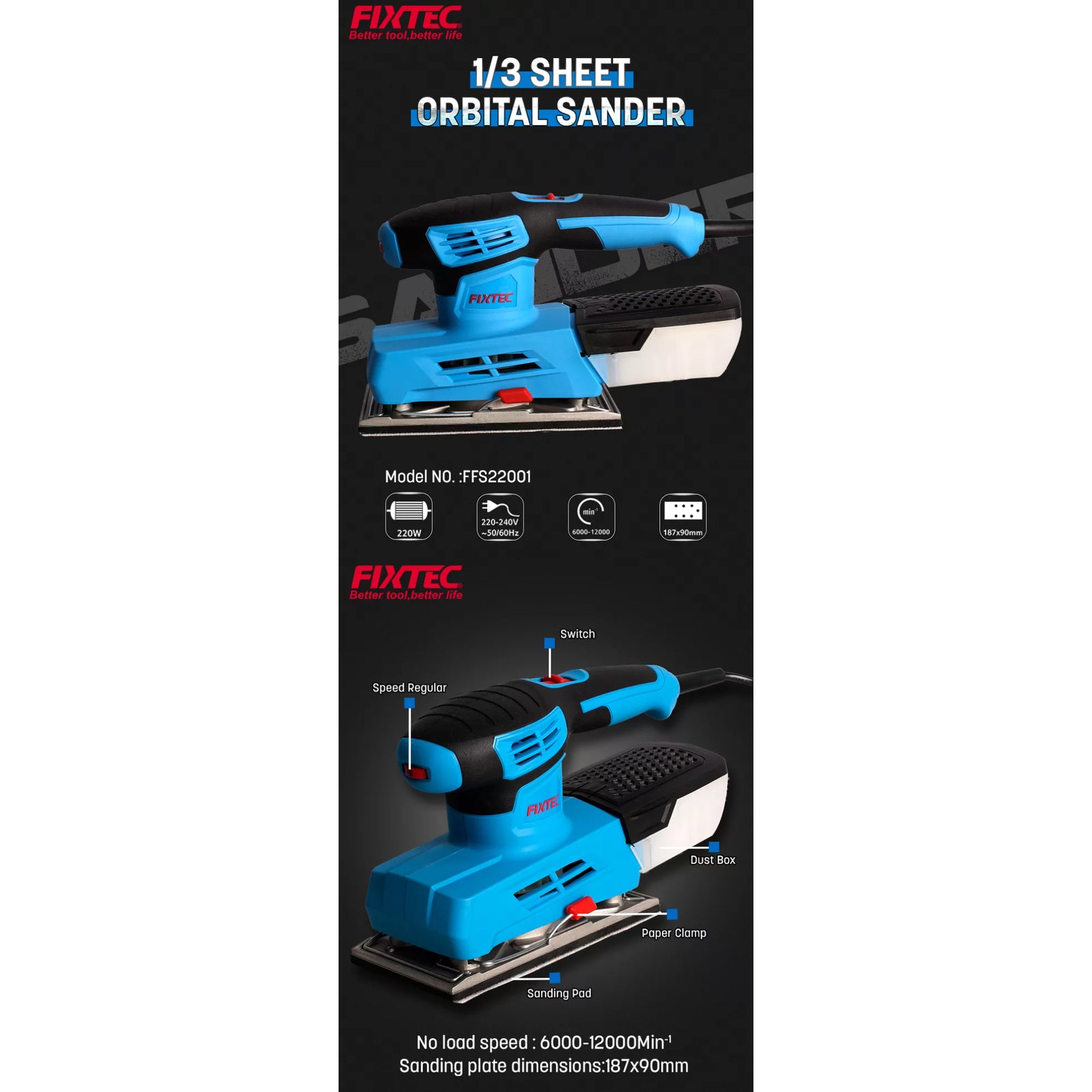 Lijadora Orbital 1/3 Hoja 220W Fixtec FF22001 Base de Aluminio y Velocidad Variable