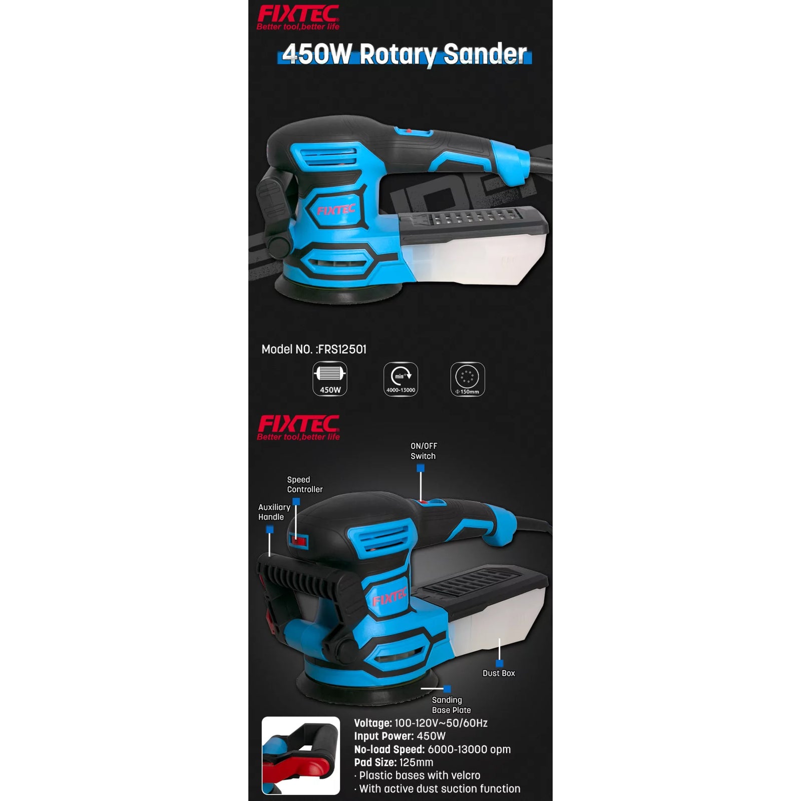 Lijadora Roto Orbital 125mm 450W Fixtec FRS12501 Velocidad Variable
