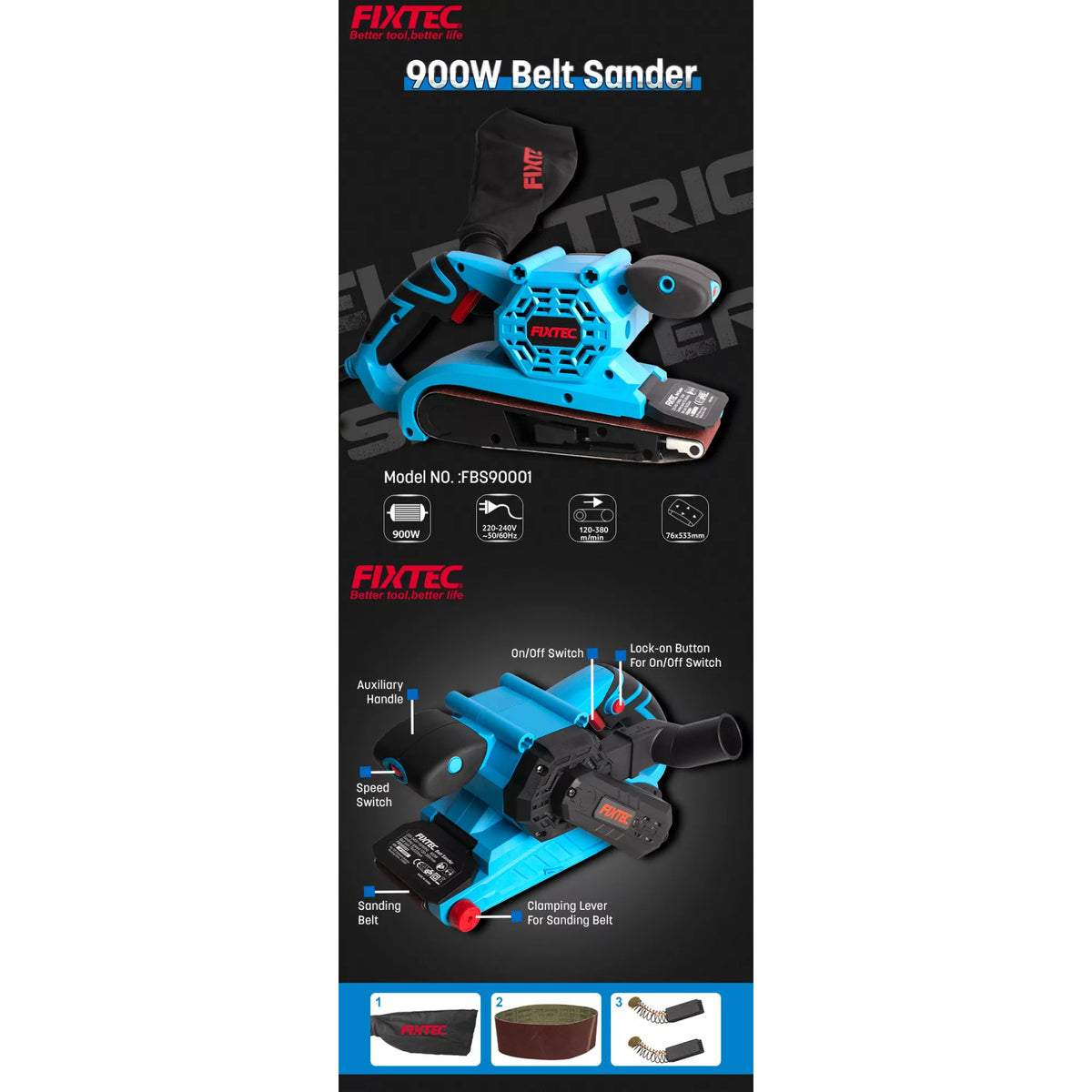 Lijadora de Banda Fixtec FBS90001 900W 76x533mm con Bolsa de Polvo