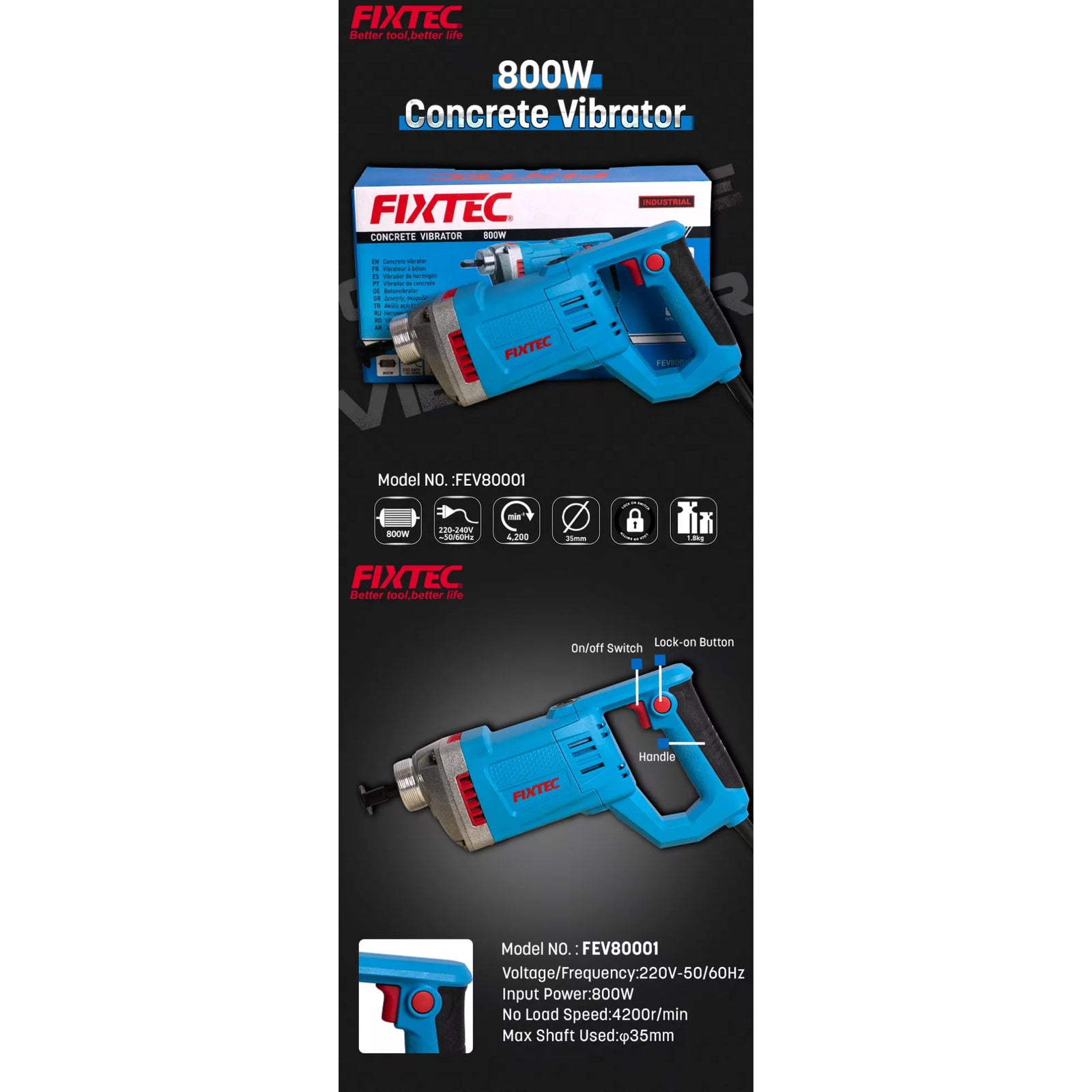 Vibrador Hormigon Portatil Fixtec - 800w Con Sonda 35mm