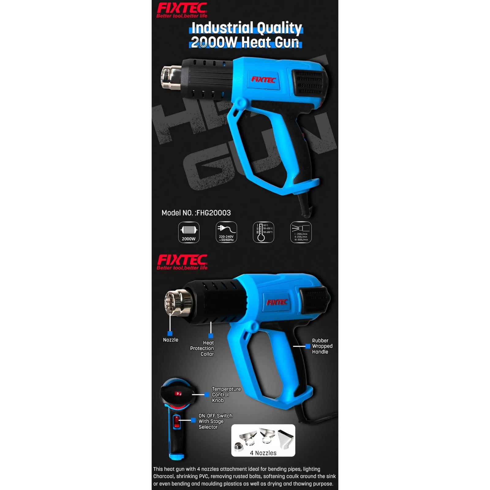 Pistola de Calor Industrial 2000W con Temperatura Ajustable y 4 Boquillas