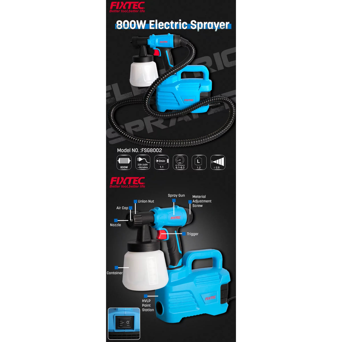 Pistola de Pintura Eléctrica Fixtec 800W FSG8002 - Pulverizador 1200ml