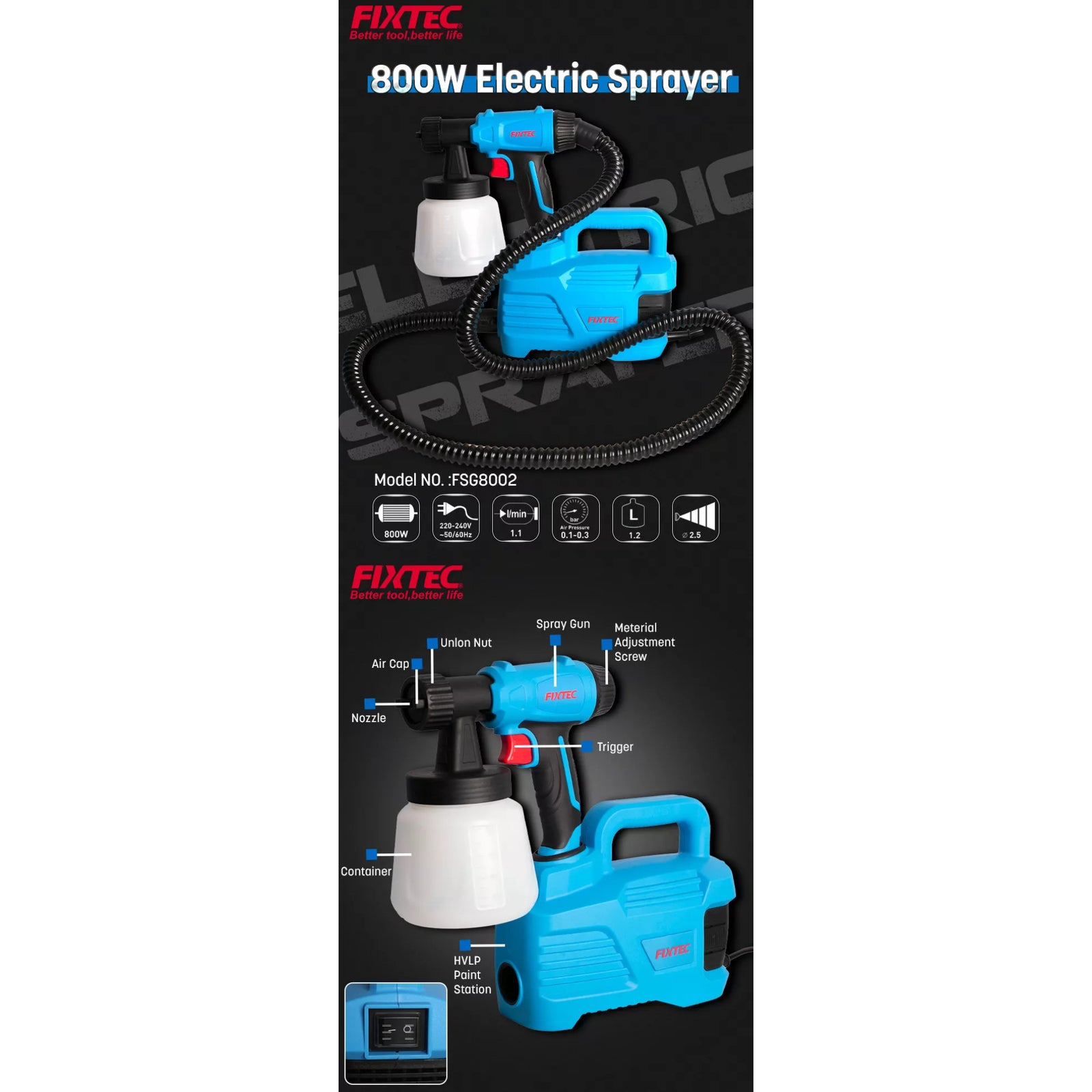Pistola de Pintura Eléctrica Fixtec 800W FSG8002 - Pulverizador 1200ml