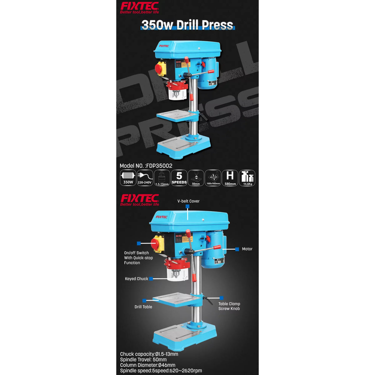 Taladro de Pedestal Fixtec 350W Mandril 13mm de 5 Velocidades