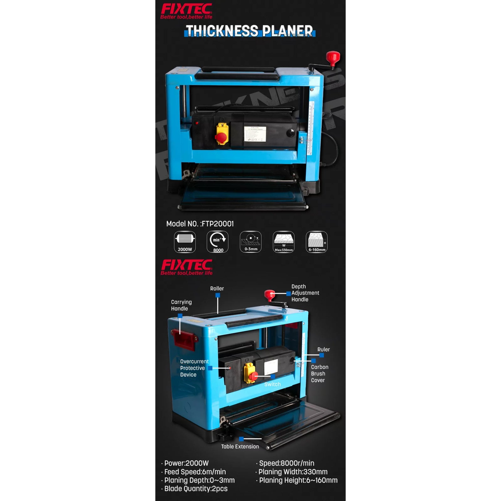 Cepilladora de Banco Fixtec 2000W – Ancho 330mm (13") Profesional