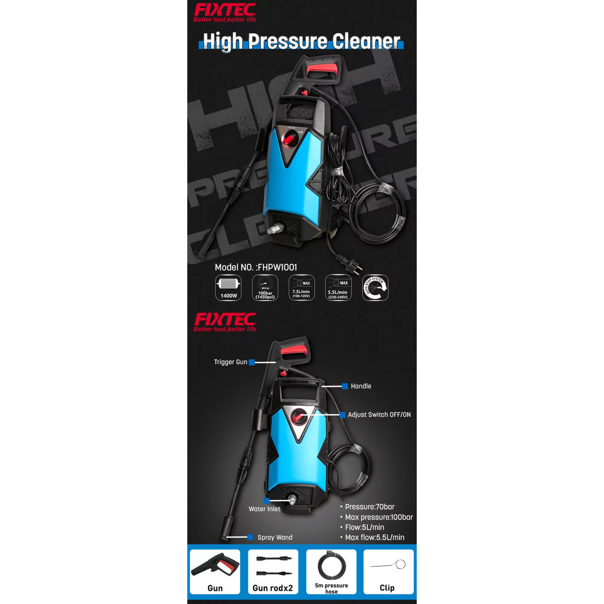 Hidrolavadora de Alta Presión 1400W 100 Bar para Hogar y Vehículos