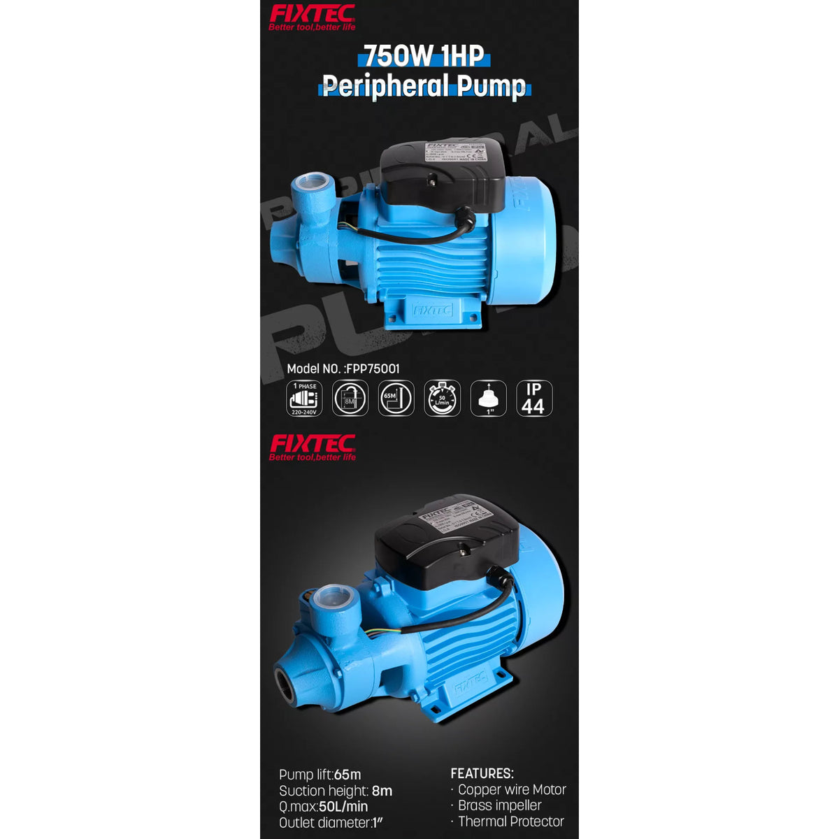 Bomba de Agua Periférica Fixtec 1 HP – Elevación 65m e Impulsor