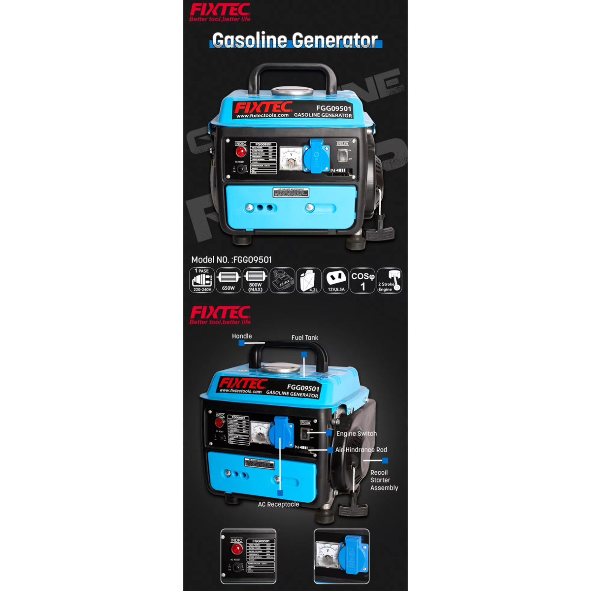 Generador Bencinero Portátil 800W Fixtec FGG09501 Motor 2 Tiempos 12V